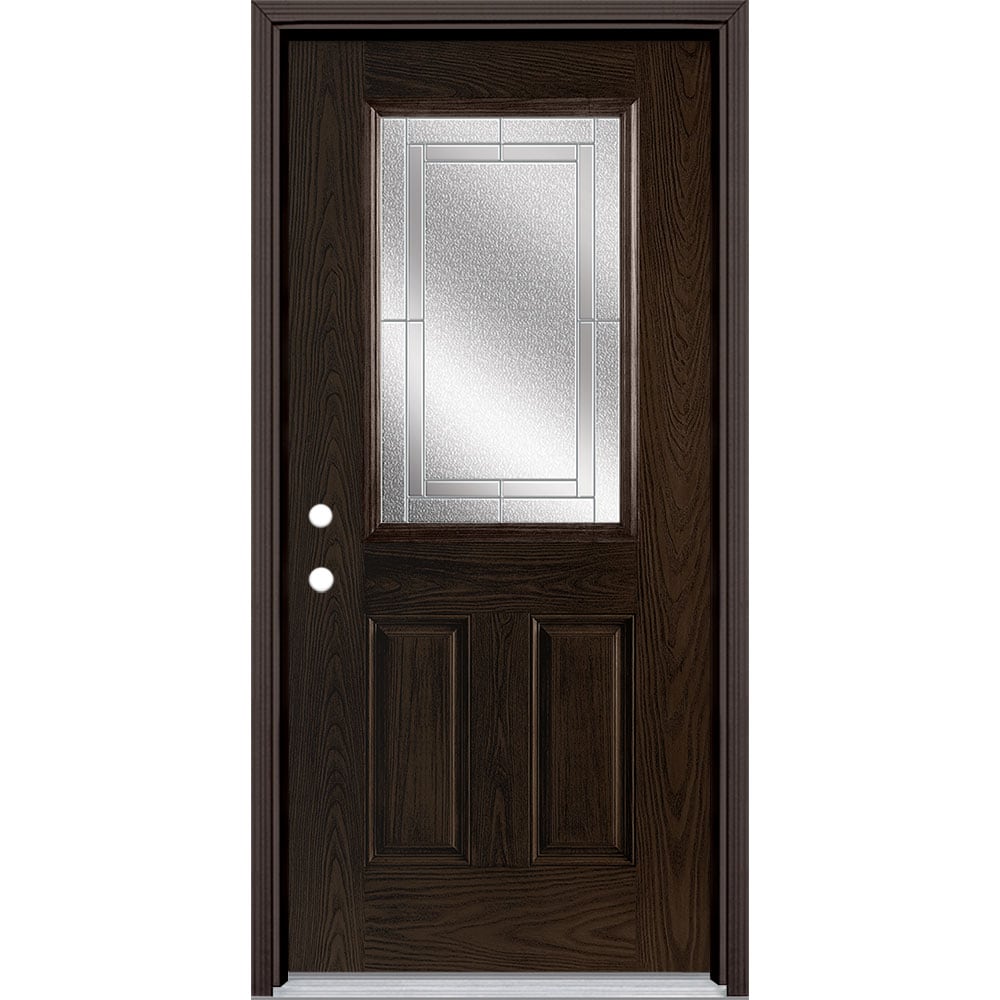 Masonite 3419734 Focus 36-in x 80-in x 4-9/16-in Fiberglass Half lite Right-hand inswing Walnut Stained Prehung Front Door with Brickmould Insulating core