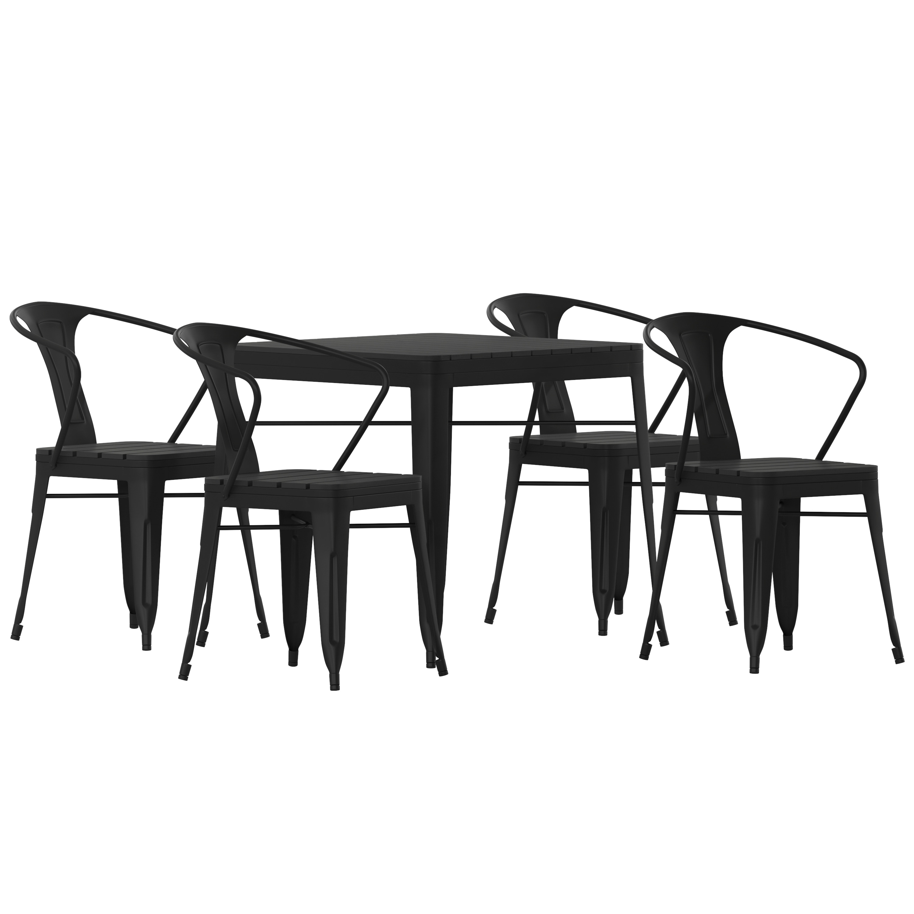 Flash Furniture 840196375304 Helvey Commercial 5 Piece Indoor-Outdoor Table and Chairs; 31.5-in Square Table with Poly Resin Top; 4 Metal Chairs with Poly Resin Seats; Black