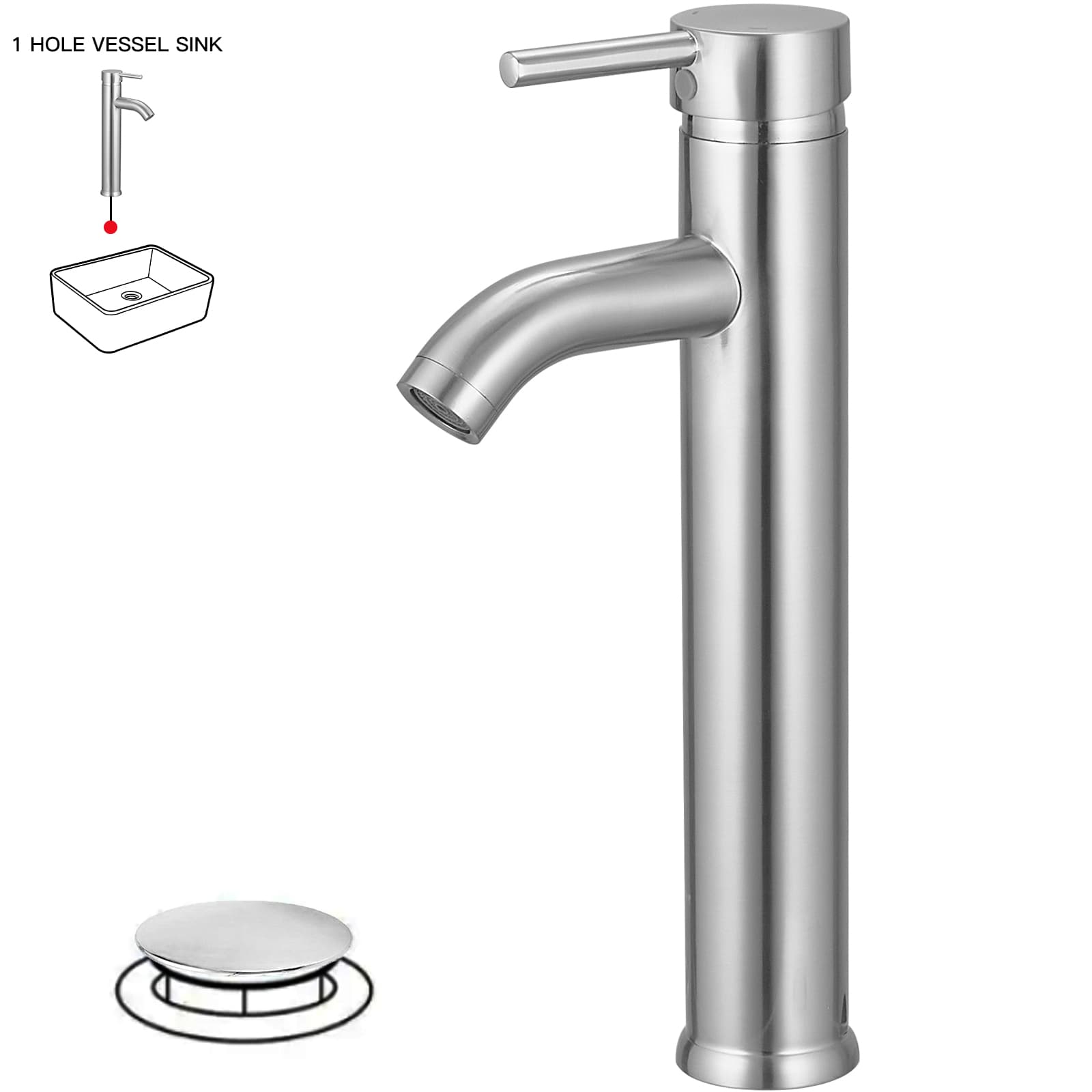 BWE A-99052H-N-2 Brushed Nickel Vessel 1-handle WaterSense Mid-arc Commercial/Residential Handle Bathroom Sink Faucet with Drain
