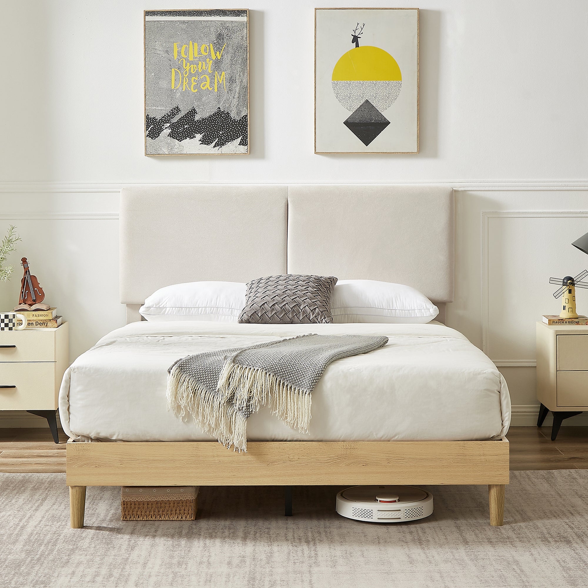 Vecelo LOE-QB09-BGE Queen Platform Bed Frame Upholstered Beds with Height Adjustable Velvet Headboard