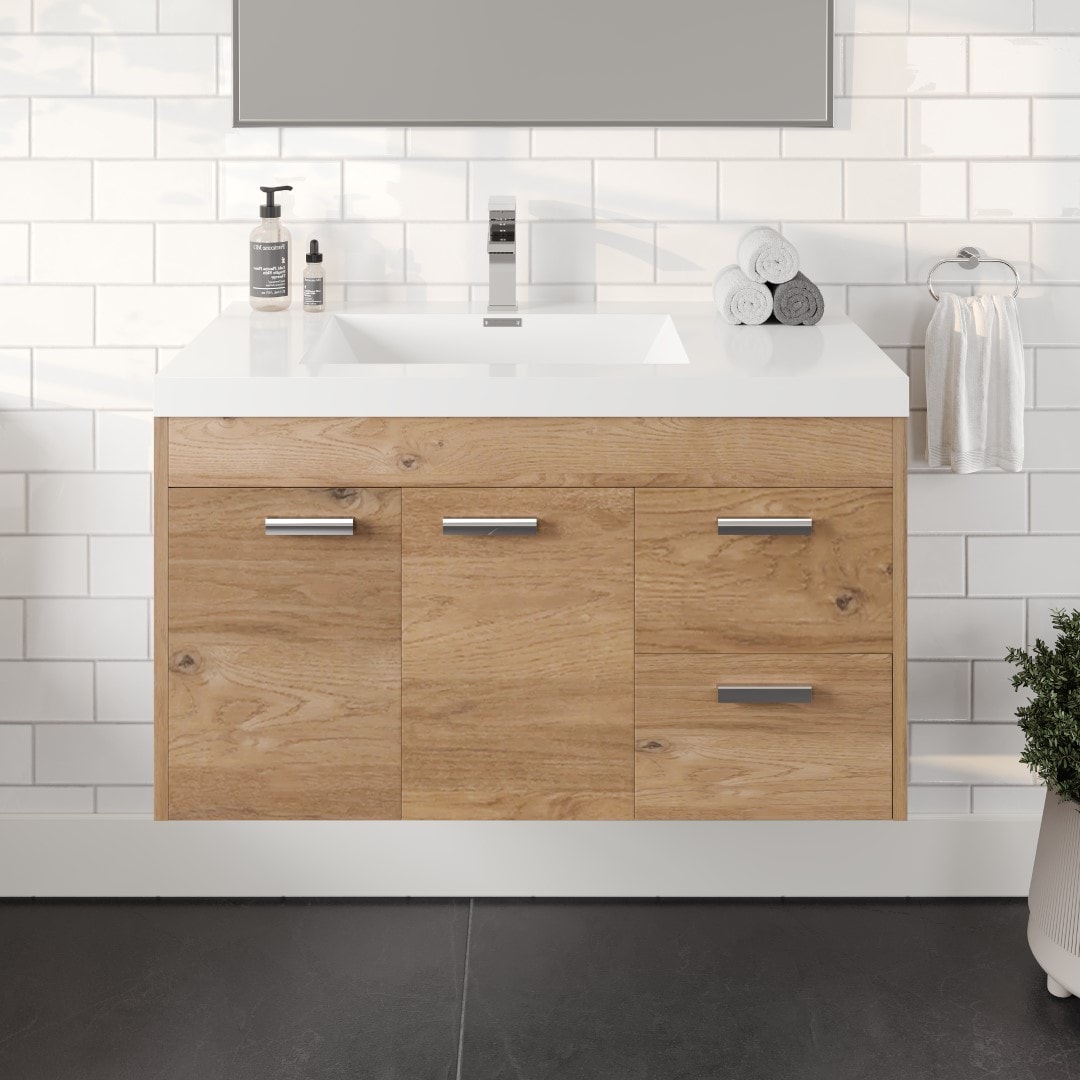 Eviva EVVN900-8-36NOK-WM Lugano 36-in Natural Oak Single Sink Floating Bathroom Vanity with White Acrylic Top