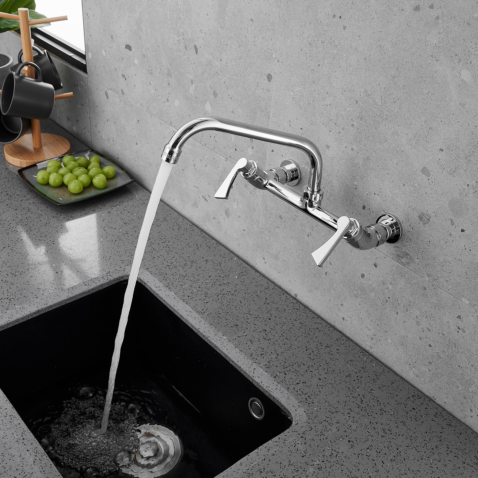 Chrome Double Handle Wall-Mount Kitchen Faucet with Swivel Spout