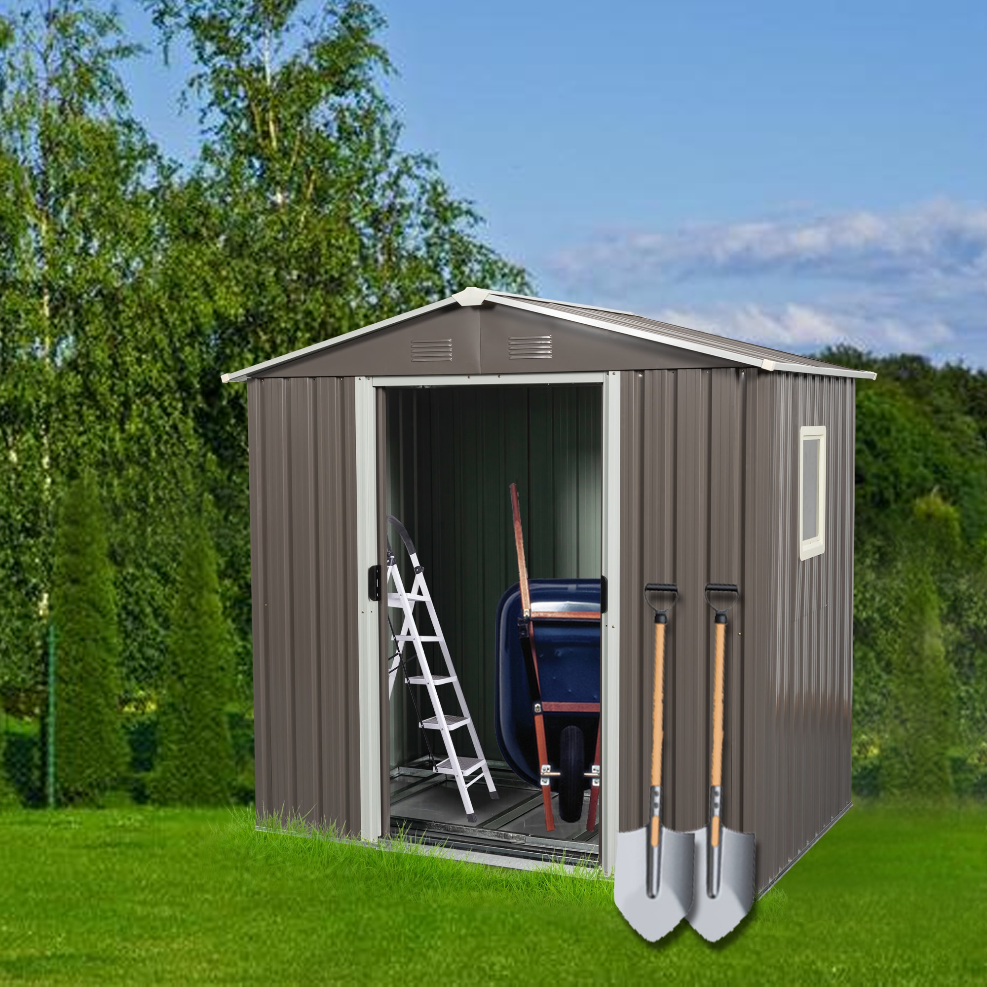 Tatayosi JL54071036 6ft x 5ft Outdoor Metal Storage Shed gray With window