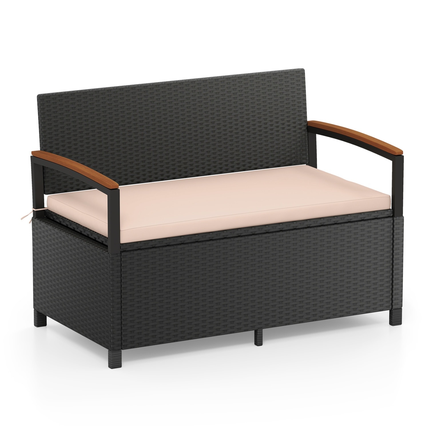 Volenca 47-in W x 33-in H 46-Gallon Plastic Outdoor Storage Bench with Acacia Armrests and Cushion