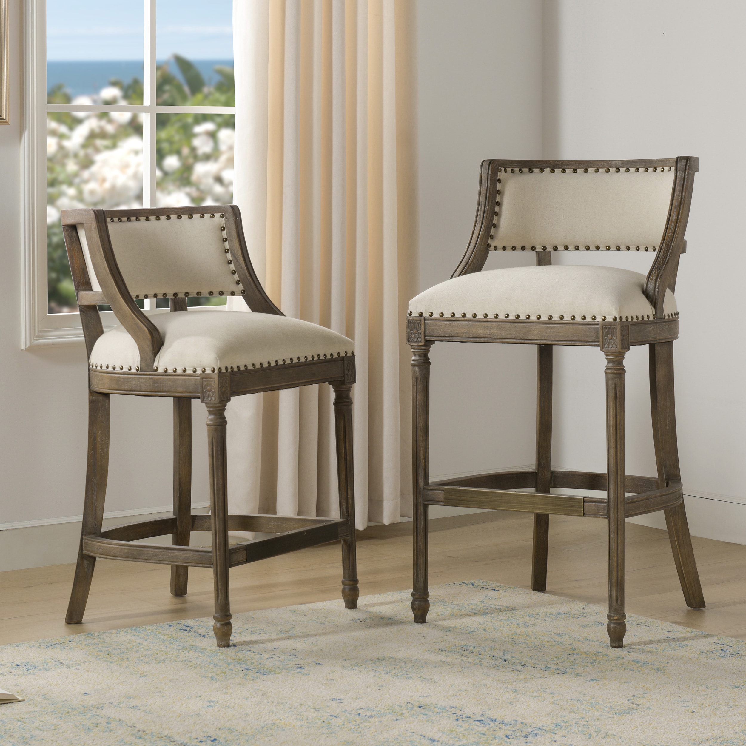 Elegant Light Beige Leather-Wrapped Bar Stool with Brass Accents
