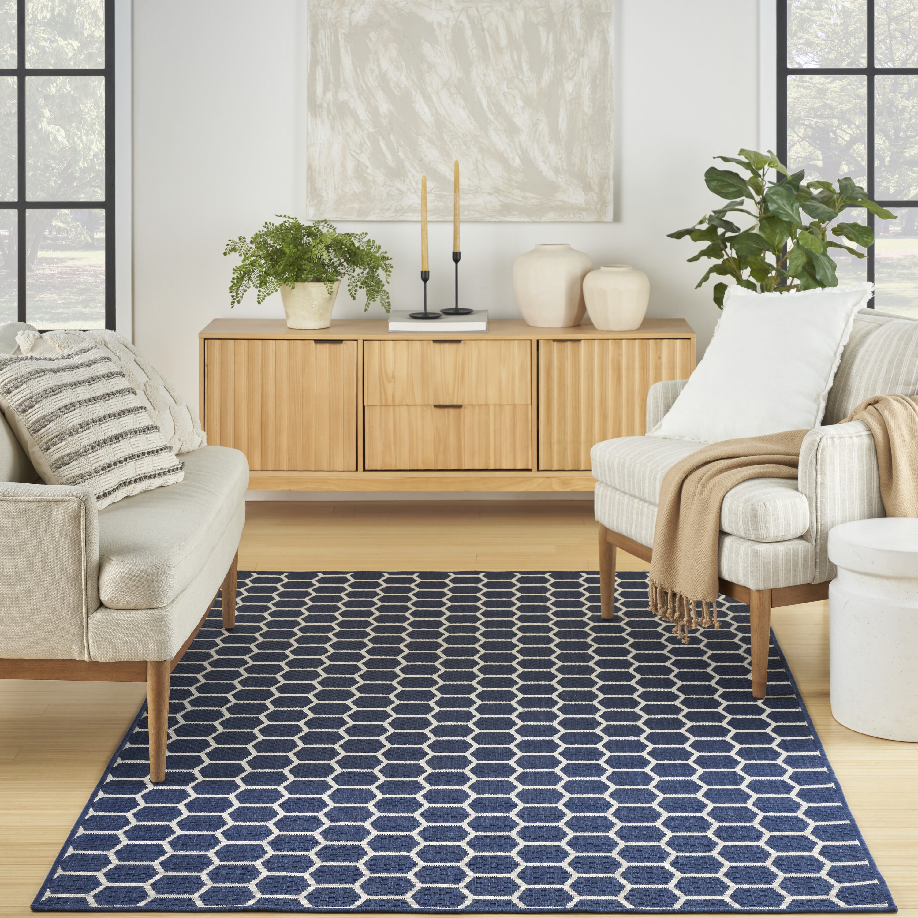Nourison Home 099446974495 5 x 7 (ft) Polyester/Polypropylene Navy Rectangular Indoor/Outdoor Geometric Area rug
