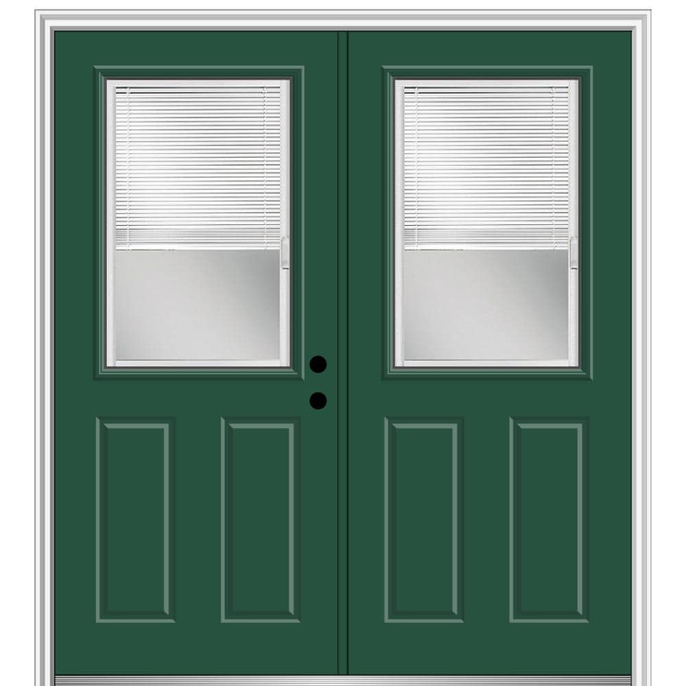 MMI DOOR ZZ04334L 60-in x 80-in x 4-9/16-in Fiberglass Half lite Left-hand inswing Hunter Green Painted Prehung Double Front Door with Brickmould Insulating core with Blinds