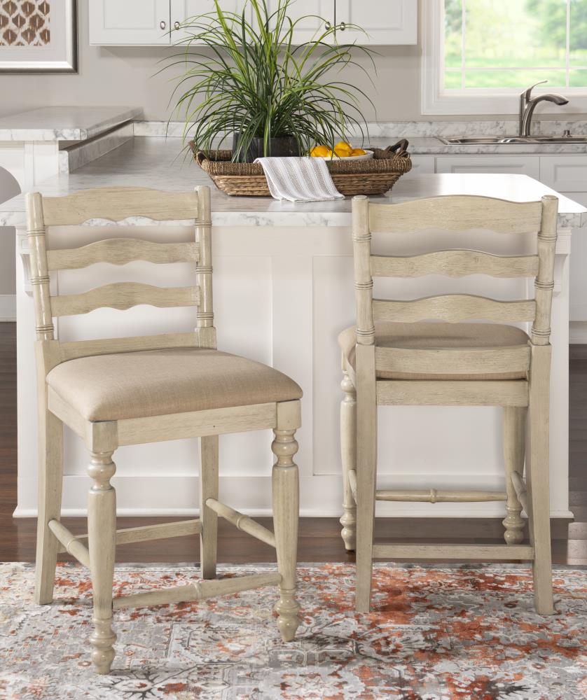 Elegant Marino 24" White Washed Wood Counter Stool with Linen Seat