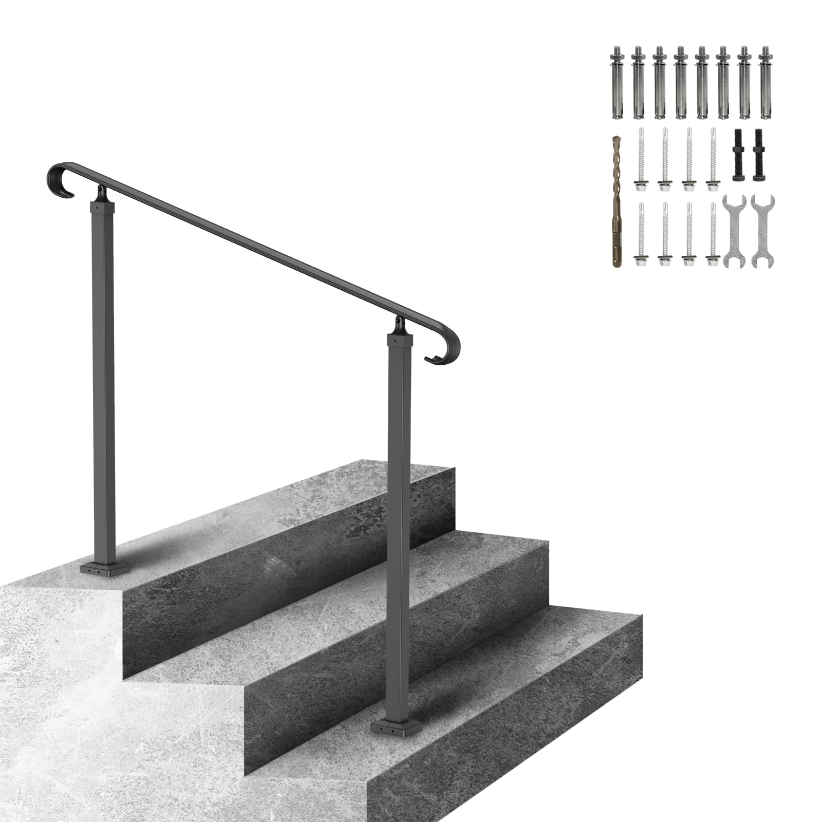VEVOR SCLTFS1.2MLZ00221V0 Handrails for Outdoor Steps  Fit 1-3 Steps Wrought Iron Handrail  Outdoor Stair Railing  Adjustable Front Porch Hand Rail  Black Transitional Hand railings for Concrete Steps or Wooden Stairs