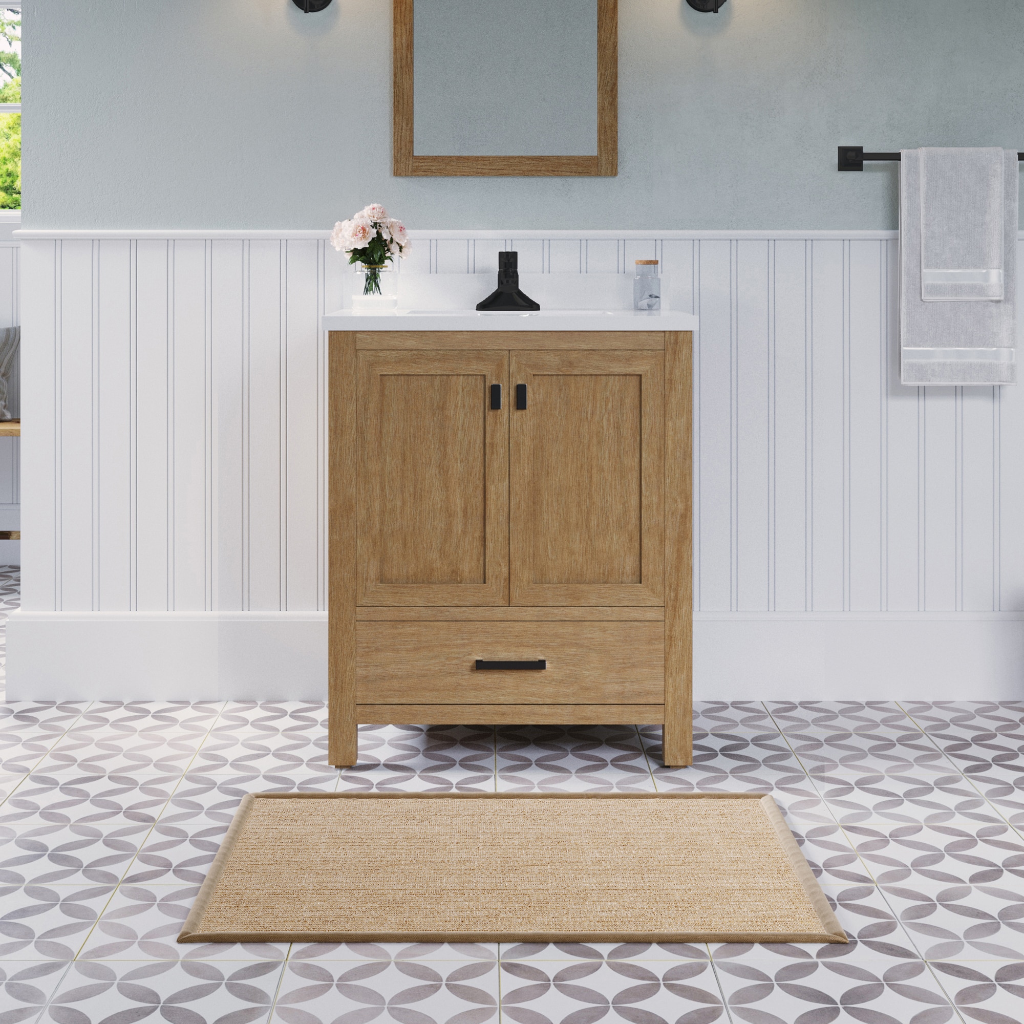 allen + roth Ronald 72-in Almond Toffee Undermount Double Sink Bathroom  Vanity with White Engineered Stone Top in Brown