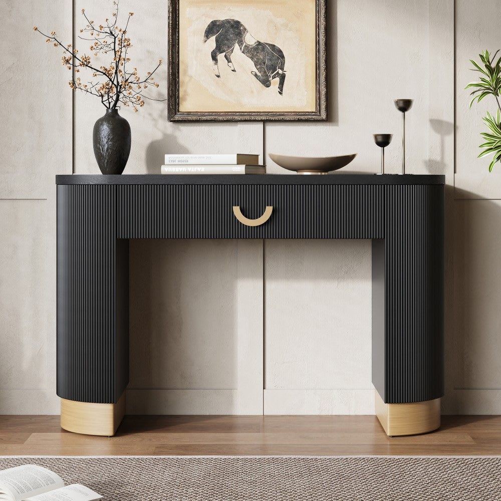Coolbibila BODHI-CONSOLE-BLACK 48 Inch Black Modern Console Table Vertical Ribbed MDF Entryway Table with Drawer for Living Room