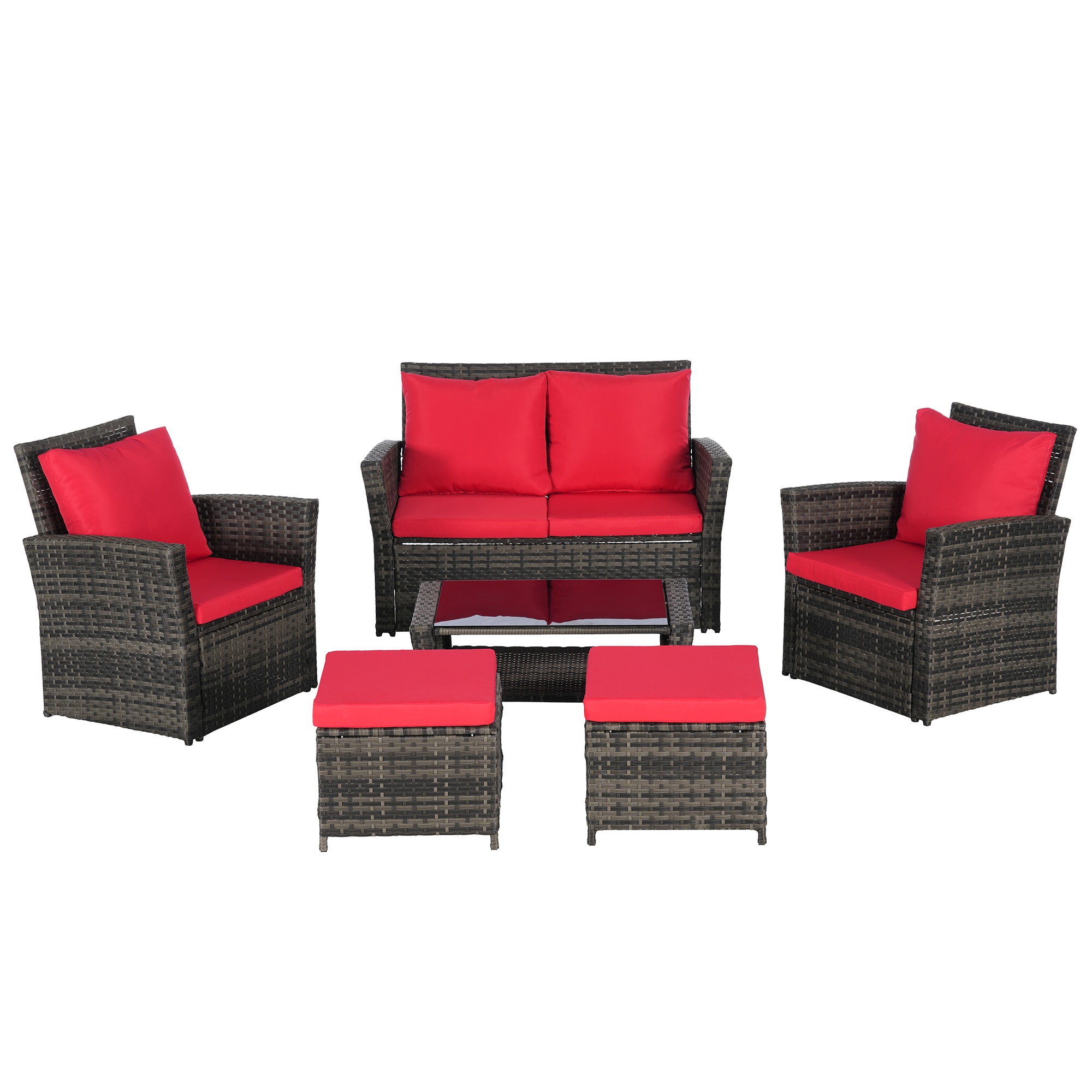 SINOFURN SYB670038RD 6 -Piece Wicker Patio Conversation Set with Red Cushions
