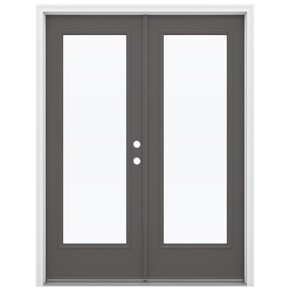 JELD-WEN LOWOLJW235000115 F-3500 60-in x 80-in x 4-9/16-in Jamb Low-E Clear glass , Steele Gray Fiberglass Left-hand inswing French Double Patio Door Brickmould Included