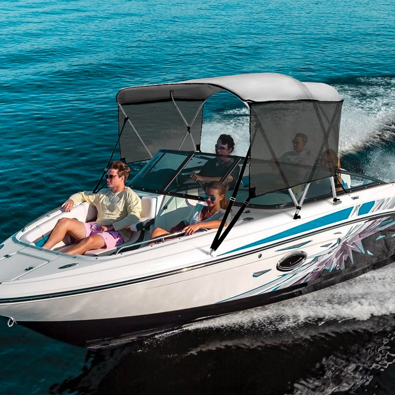 VEVOR 3 Bow Bimini Top Boat Cover, Detachable Mesh Sidewalls, 600D Polyester Canopy with 1-Second Aluminum Alloy Frame, Includes Storage Boot, 2