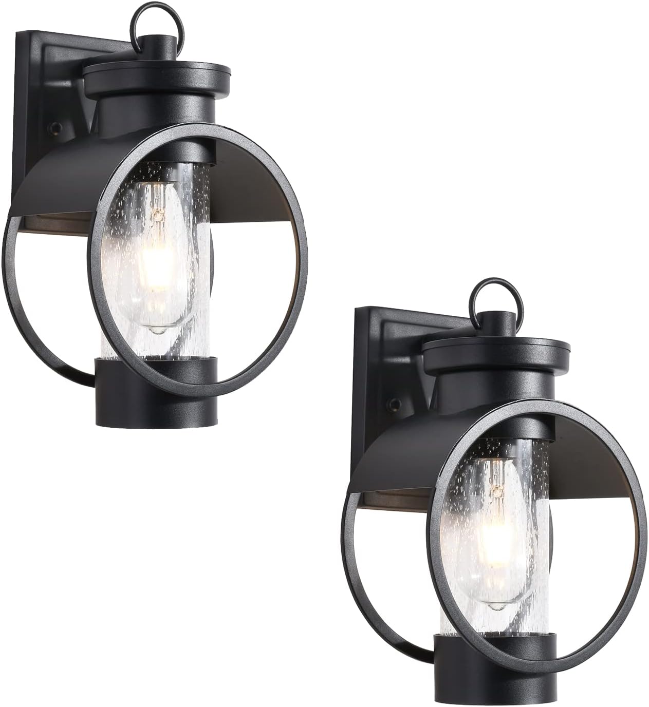 BEARSOLIM  12-in Outdoor Wall Light with Dusk to Dawn - Black Seeded Glass Sconce 2-Pack