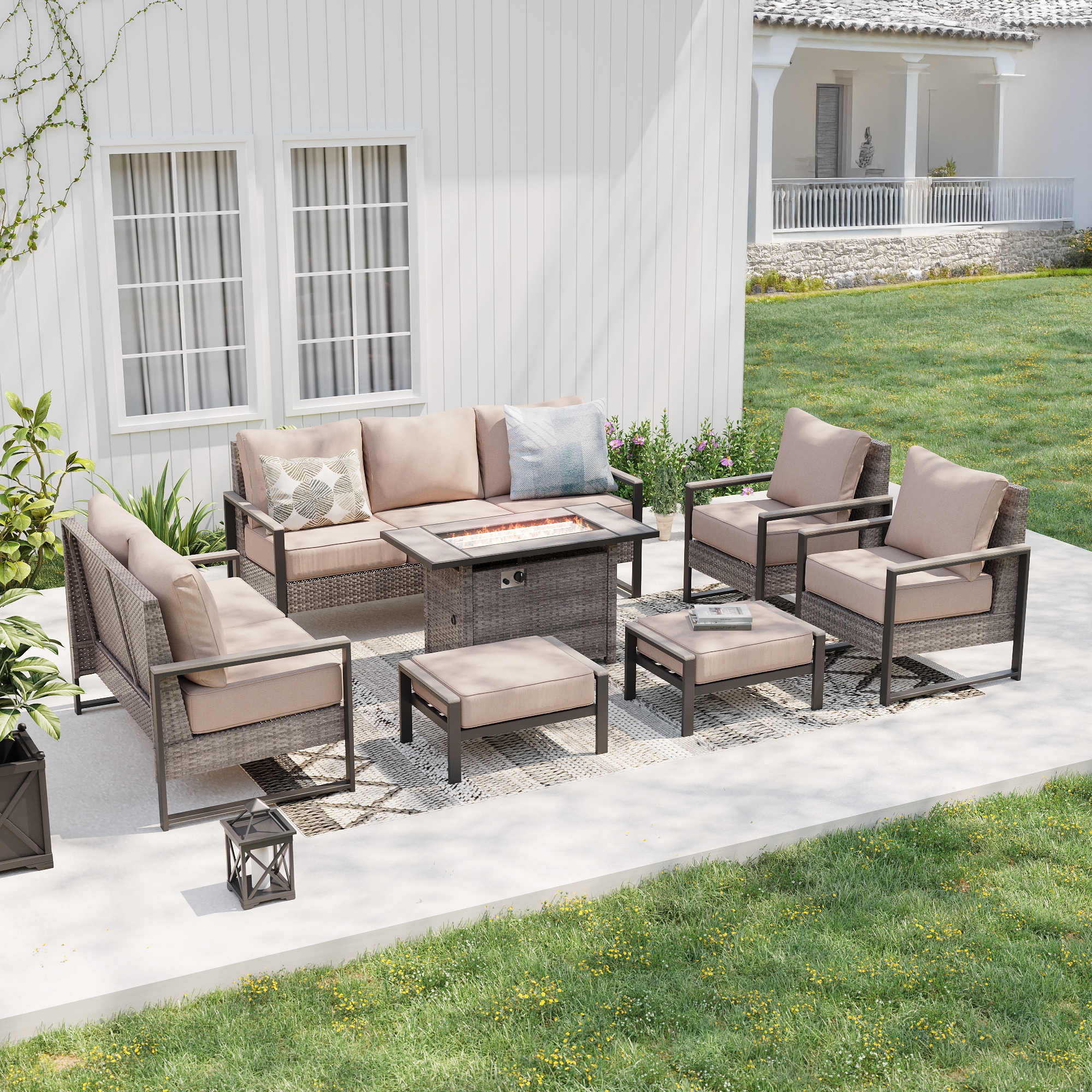 Sonkuki SD-PS-148HSD-S3T5 Patio Conversation Set 7 -Piece Wicker Patio Sofa Conversation Set with Beige Cushions
