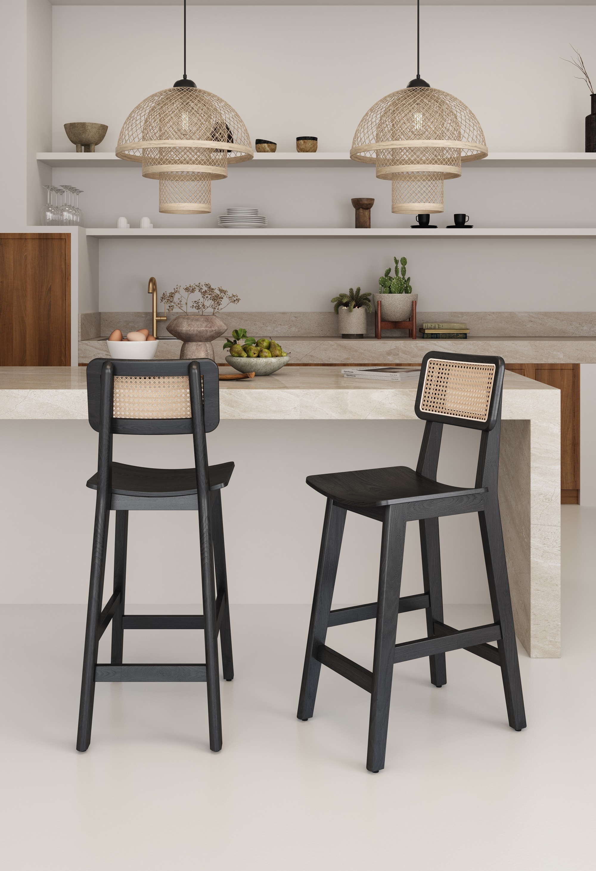 Manhattan Comfort CSCA01-BK Black and Natural Cane 25.98-in H Counter height (24-in to 27-in) Square Seat Wood Back Bar Stool Back