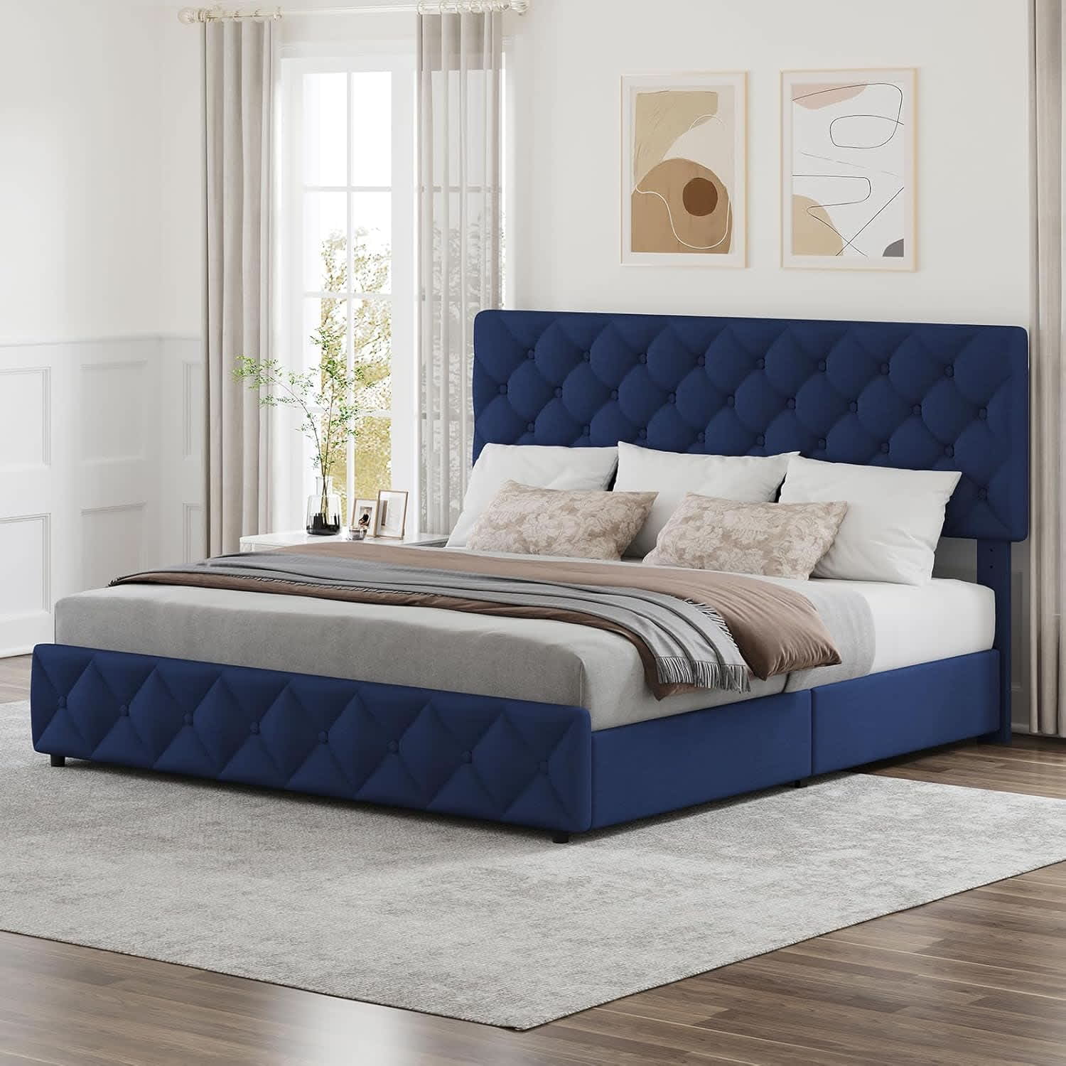 Qeetex LHF-BED-PHO-0ZIENMCI King Size Bed Frame with 4 Storage Drawers and Adjustable Headboard Linen Upholstered Platform Bed Frame Diamond Stitched Button Tufted No Box Spring Needed Blue