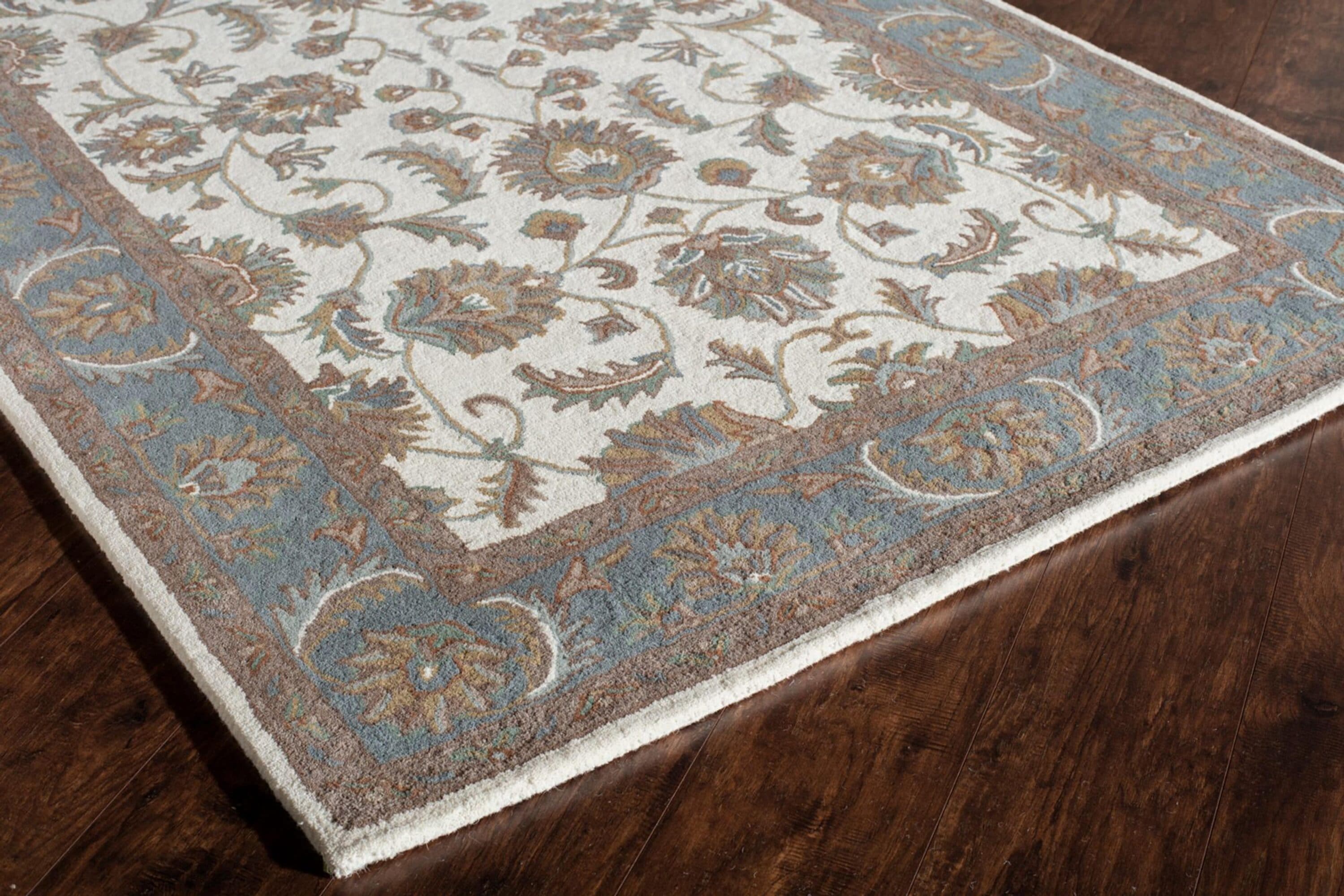 Ivory and Light Blue Handmade Wool Oriental Rug, 2' x 4'