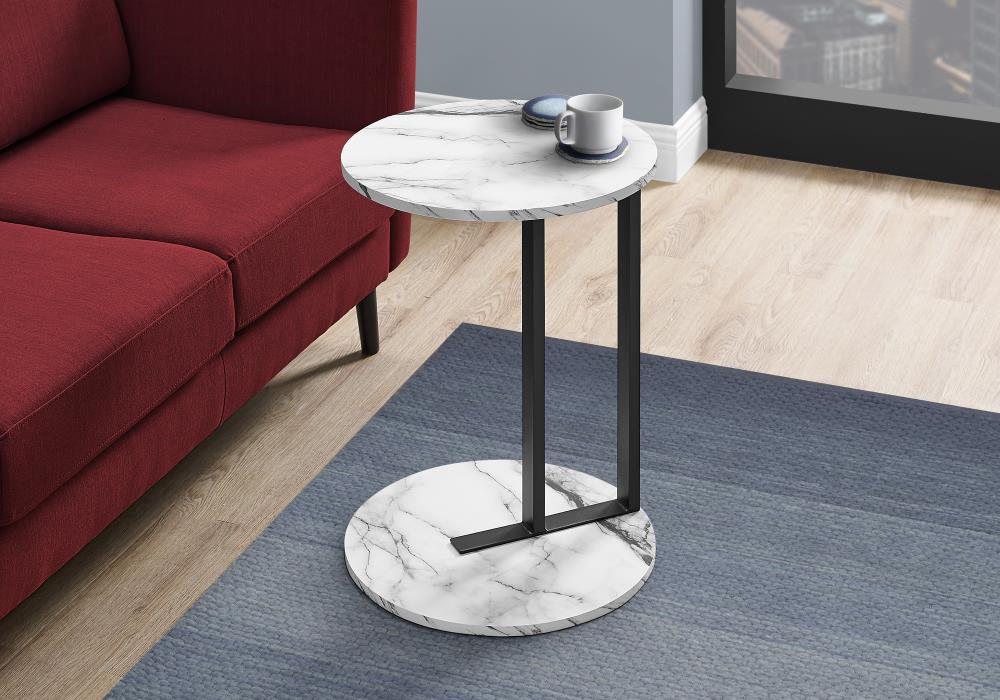 Round White Marble Laminate and Black Metal Accent Table