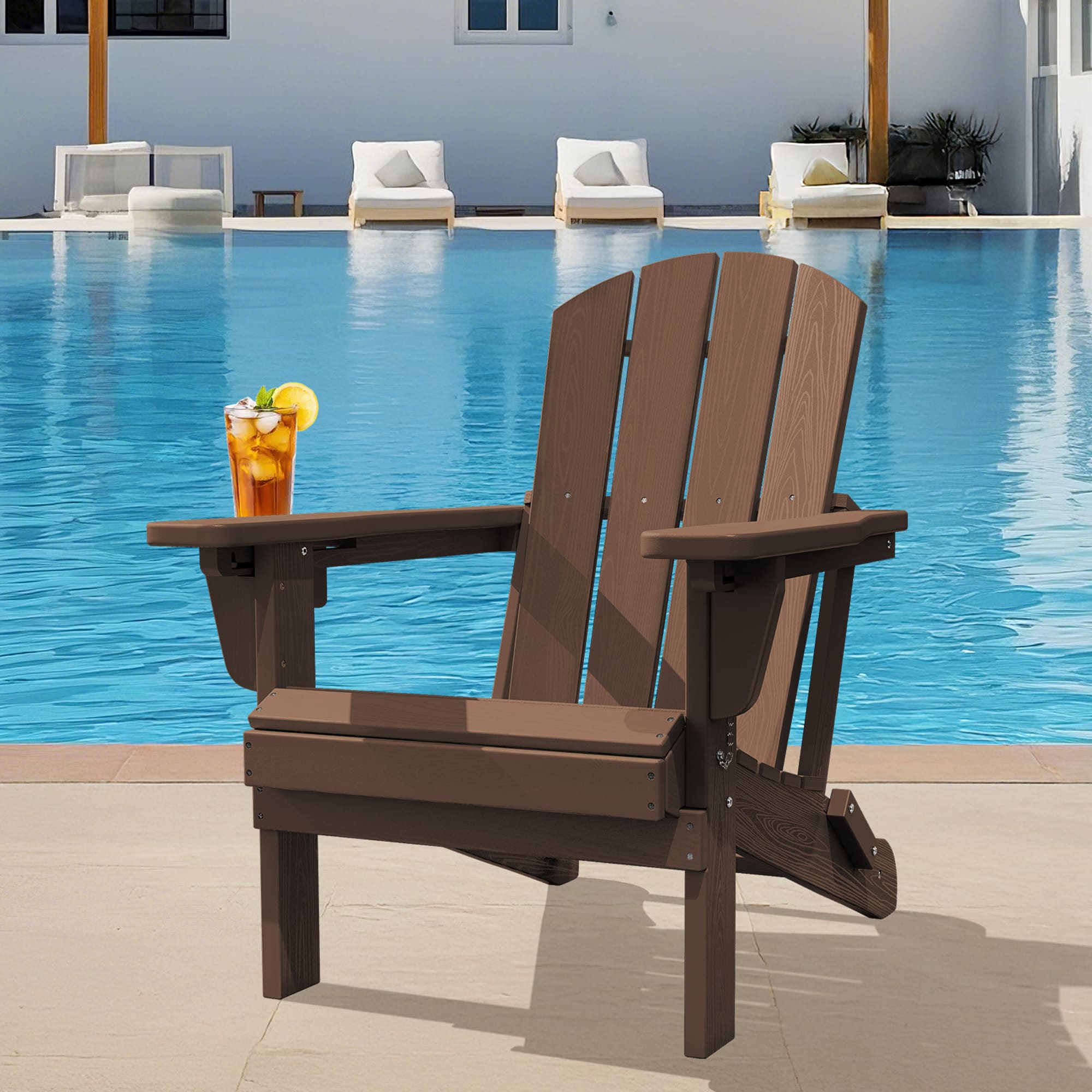 JEAREY PECGTJY-CO HDPE Patio Folding Adirondack Chair with Cup Holder Coffee HDPE Frame Stationary Adirondack Chair with Slat Seat