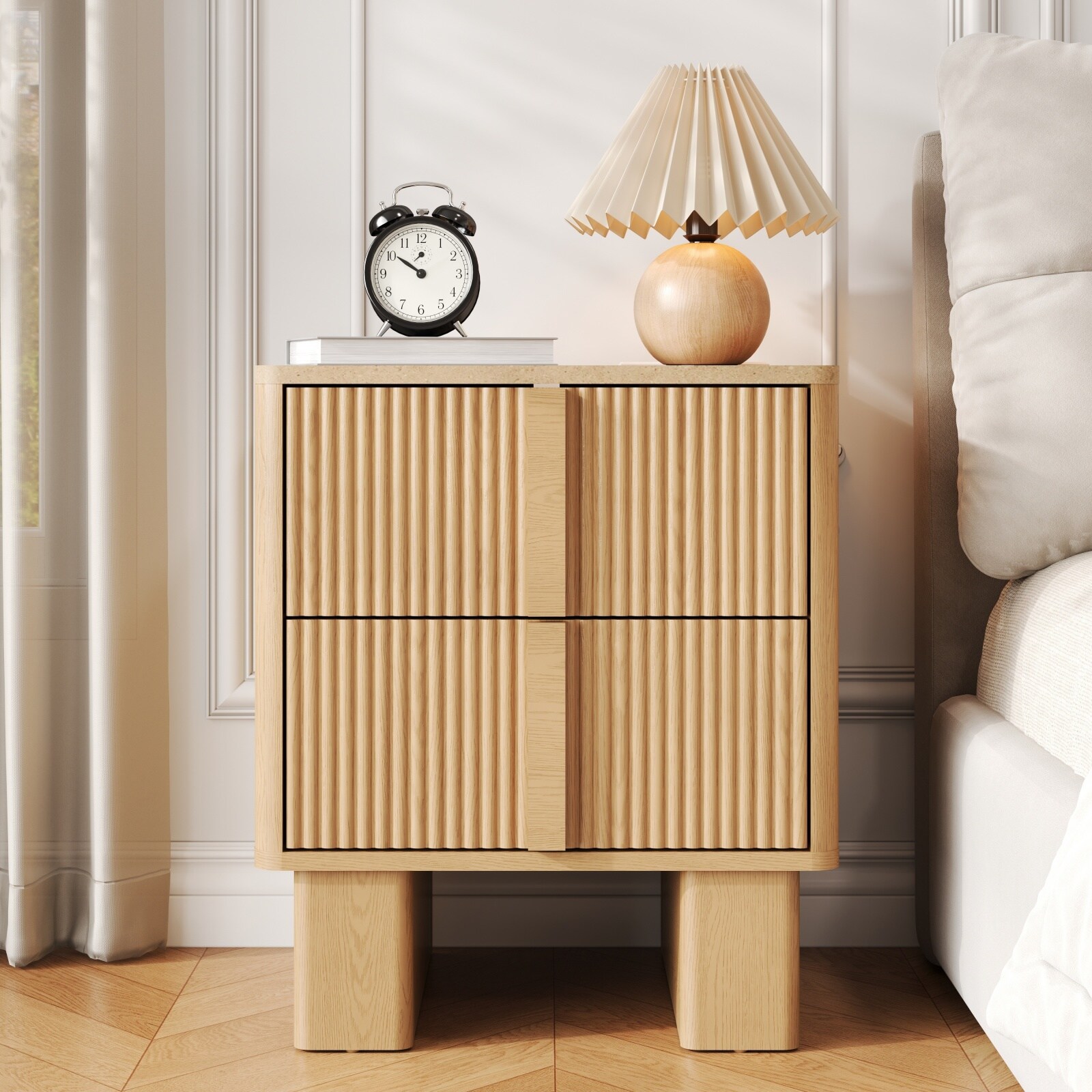 Tinyhomie Curved Bedside Table with 3D Wave-Shaped Grooves Marble ...