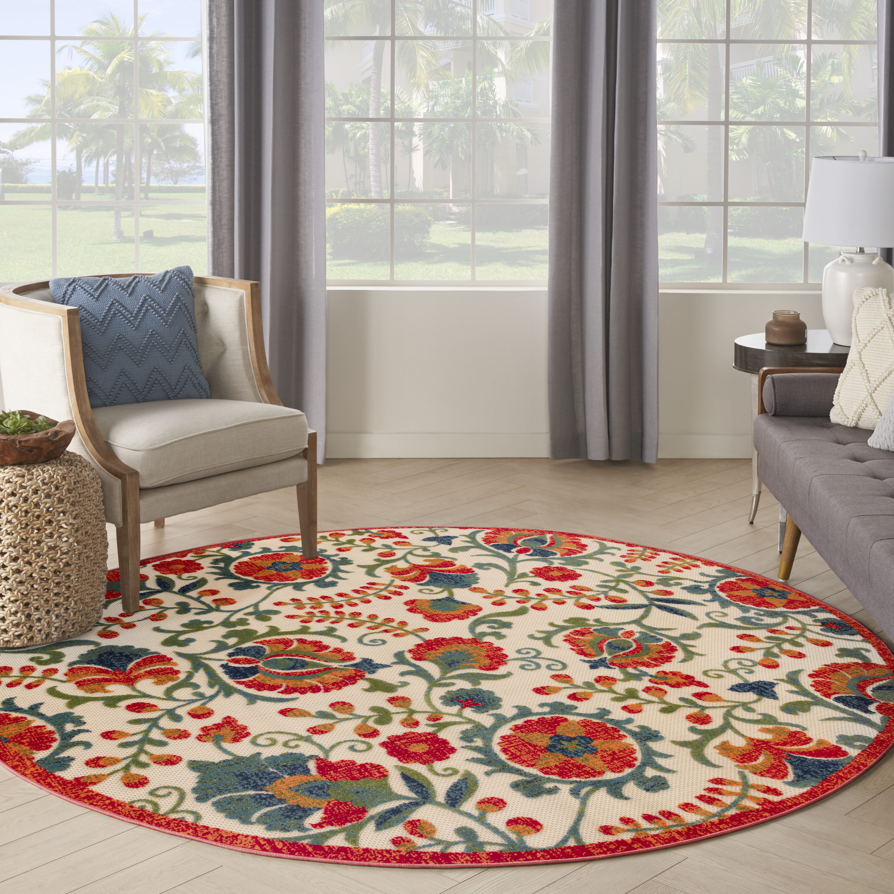 Nourison Home 099446952462 8 x 8 (ft) Loomed Polypropylene Red Multicolor Round Indoor/Outdoor Floral/Botanical Farmhouse/Cottage Area rug