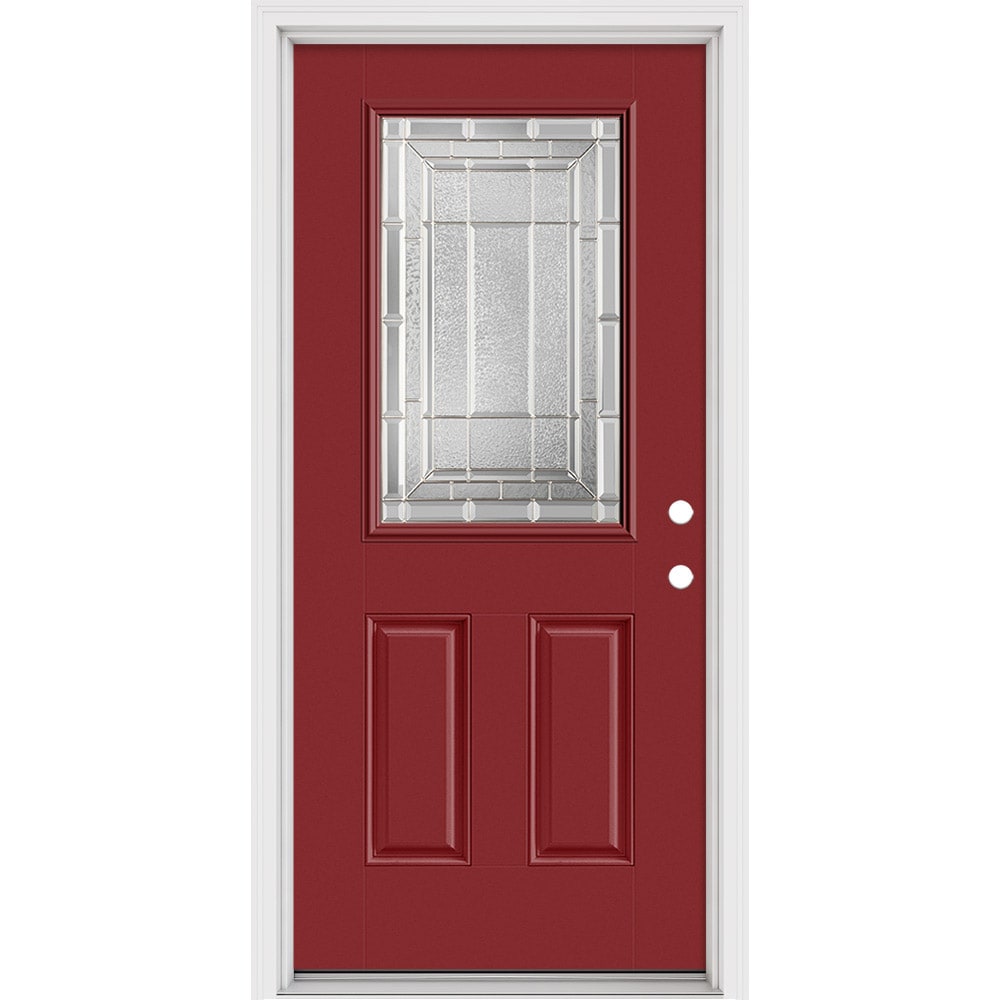 Masonite 631616 Sequence 36-in x 80-in x 4-9/16-in Fiberglass Half lite Left-hand inswing Roma Red Painted Prehung Front Door with Brickmould Insulating core