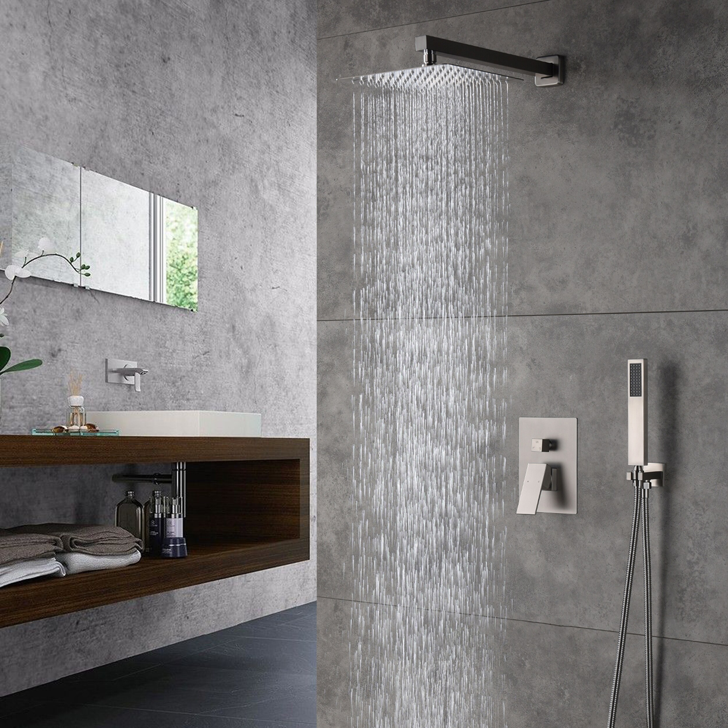 Clihome Shower Systems Brushed Nickel Dual Head Waterfall Built-In ...