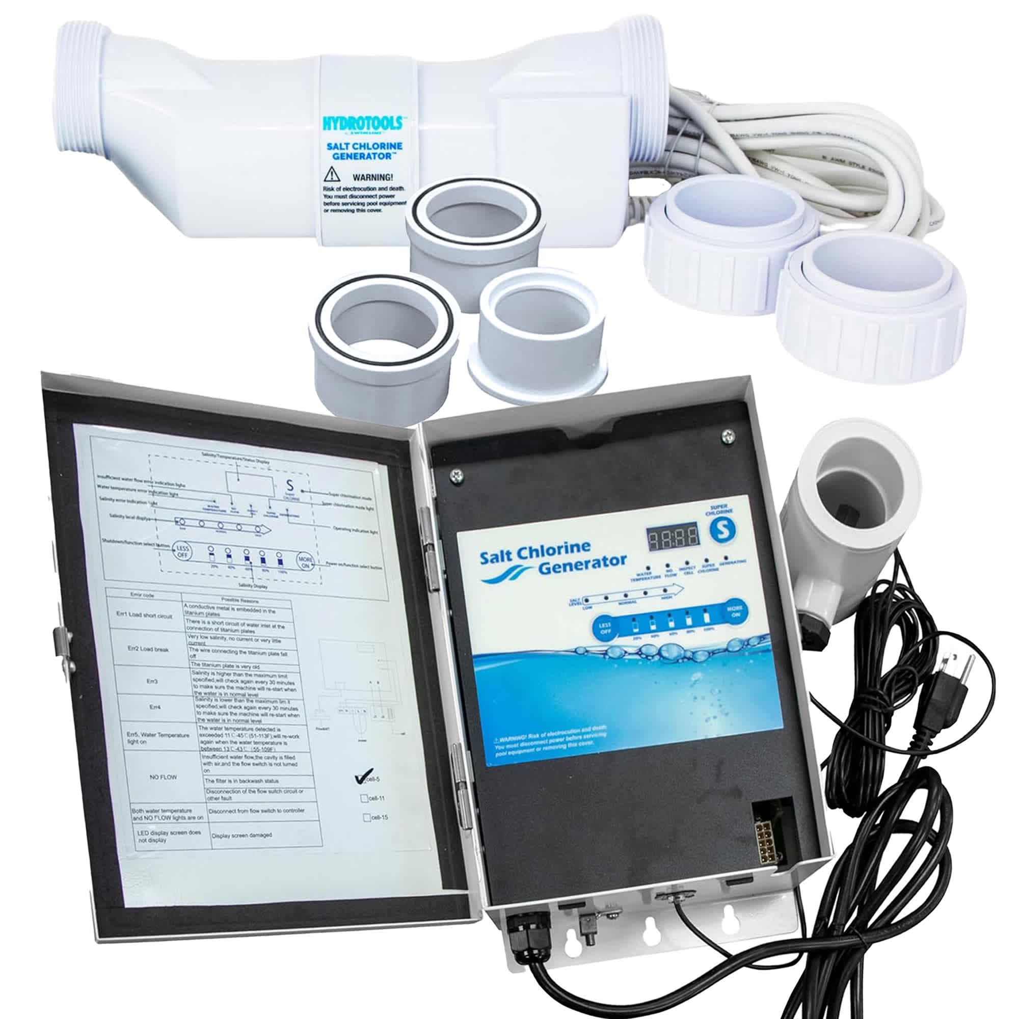 Swimline 409423 HYDROTOOLS 87615 Salt Water Chlorine Generator System For Pools Up To 15K Gallons 7 Titanium Plates 0.8 Lbs CL Output Universal Compatibility Easy Install Above and inground Swimming Pools