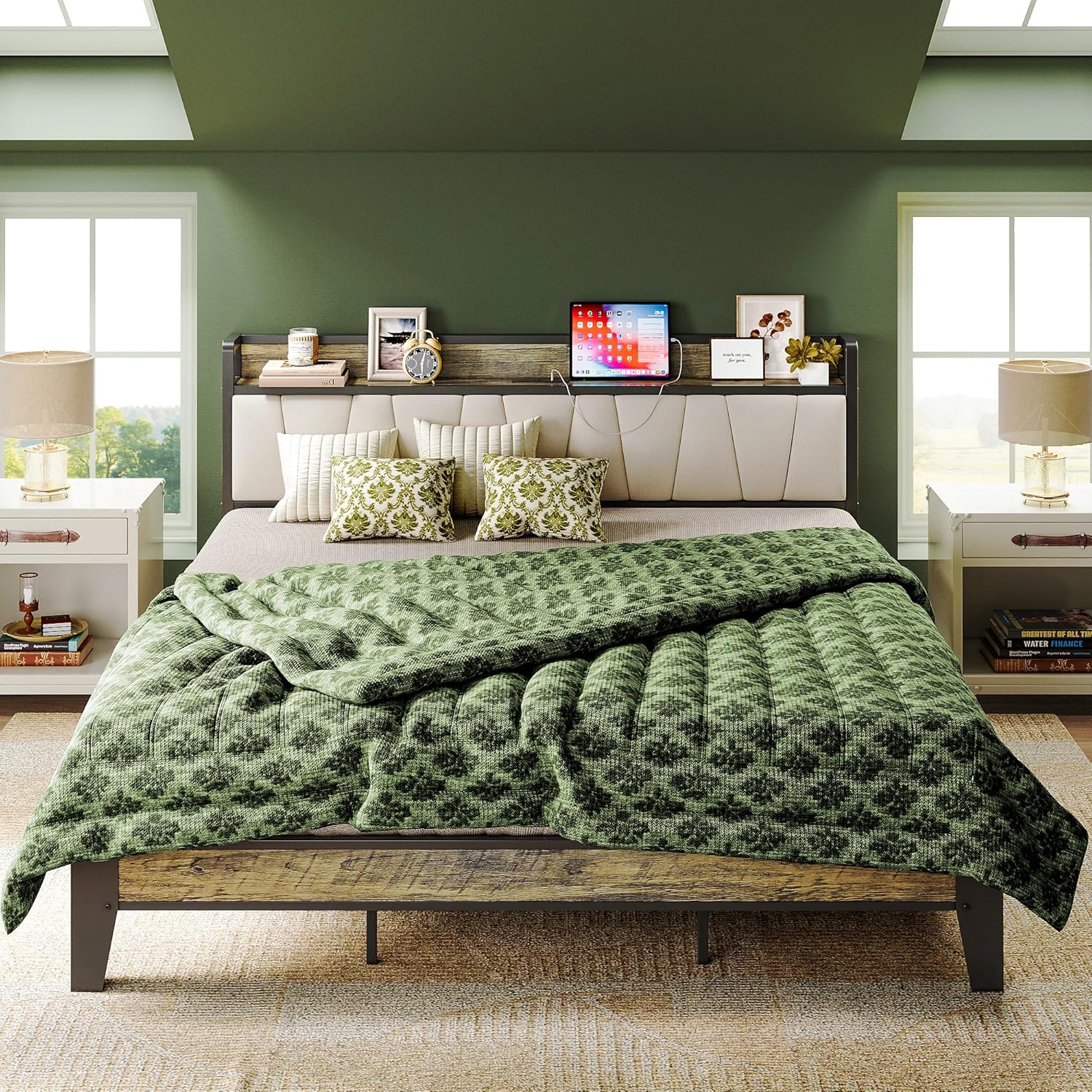 Likimio 3EBYIT8SKJQLEV1F 74-in W Walnut and Beige California King Bed Frame with Storage Headboard and Charging Station