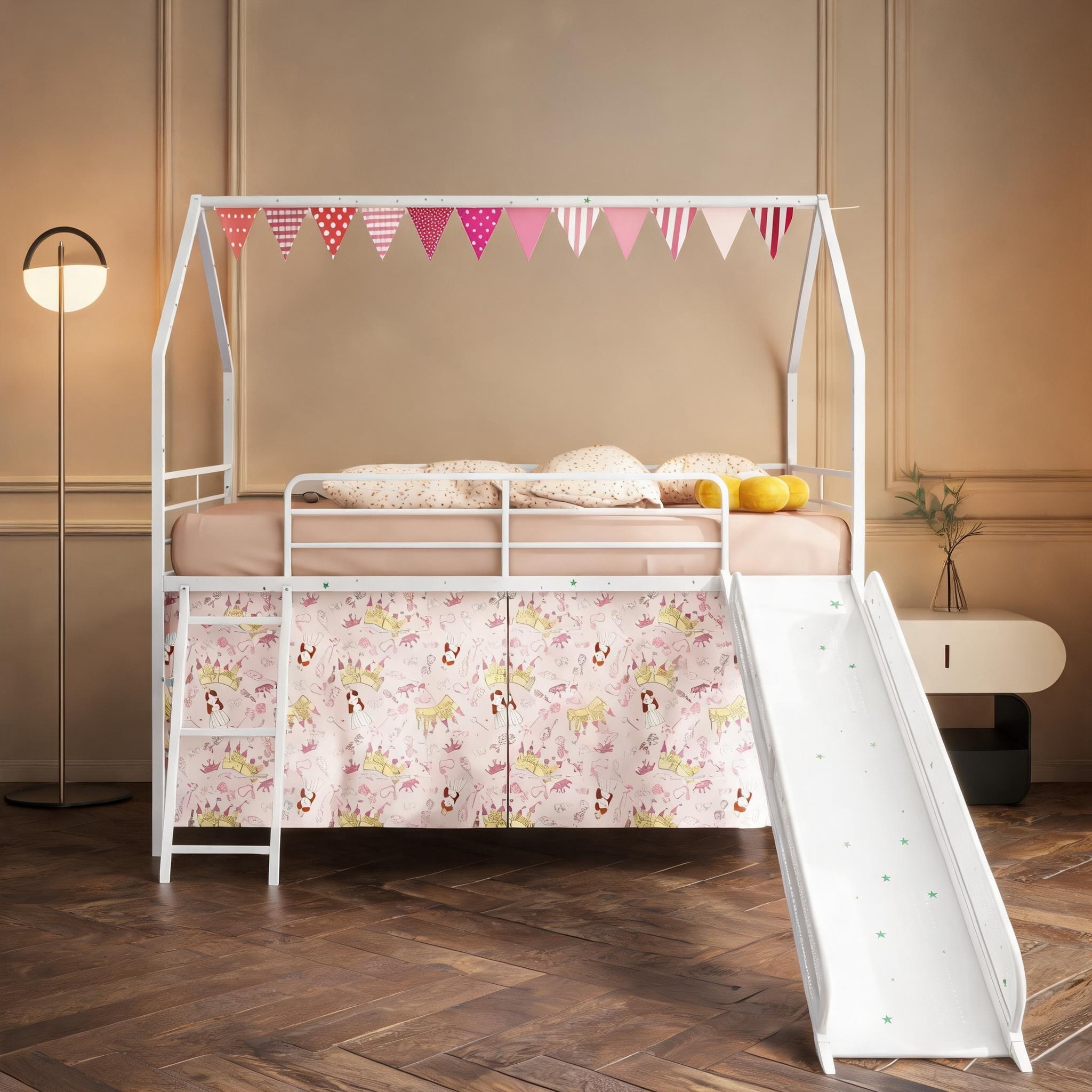 SunJet White and Pink Metal Junior Twin Loft Bed with Slide and 