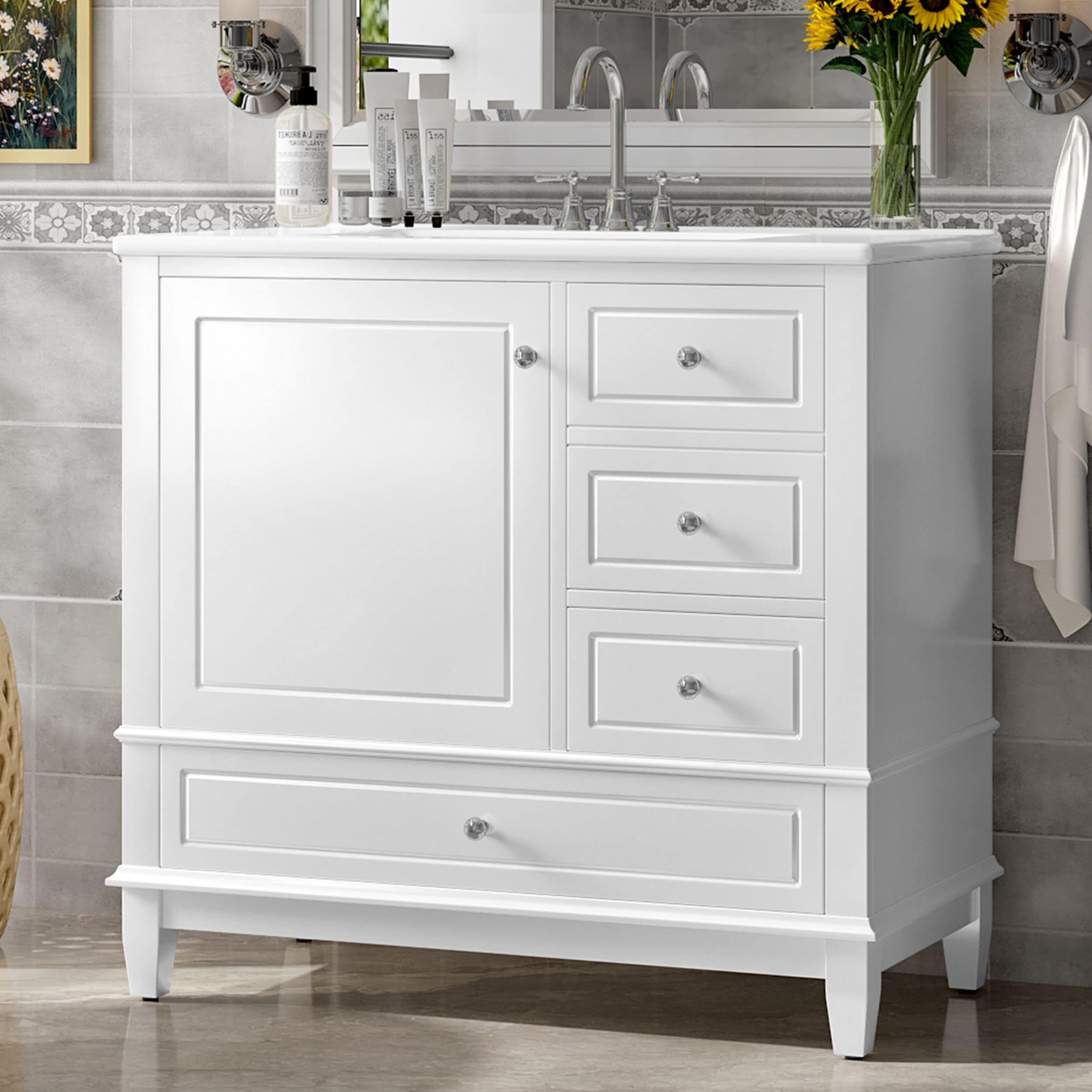 Poinic DCM Unassembled White Undermount Single Sink Bathroom Vanity with White Ceramic Top