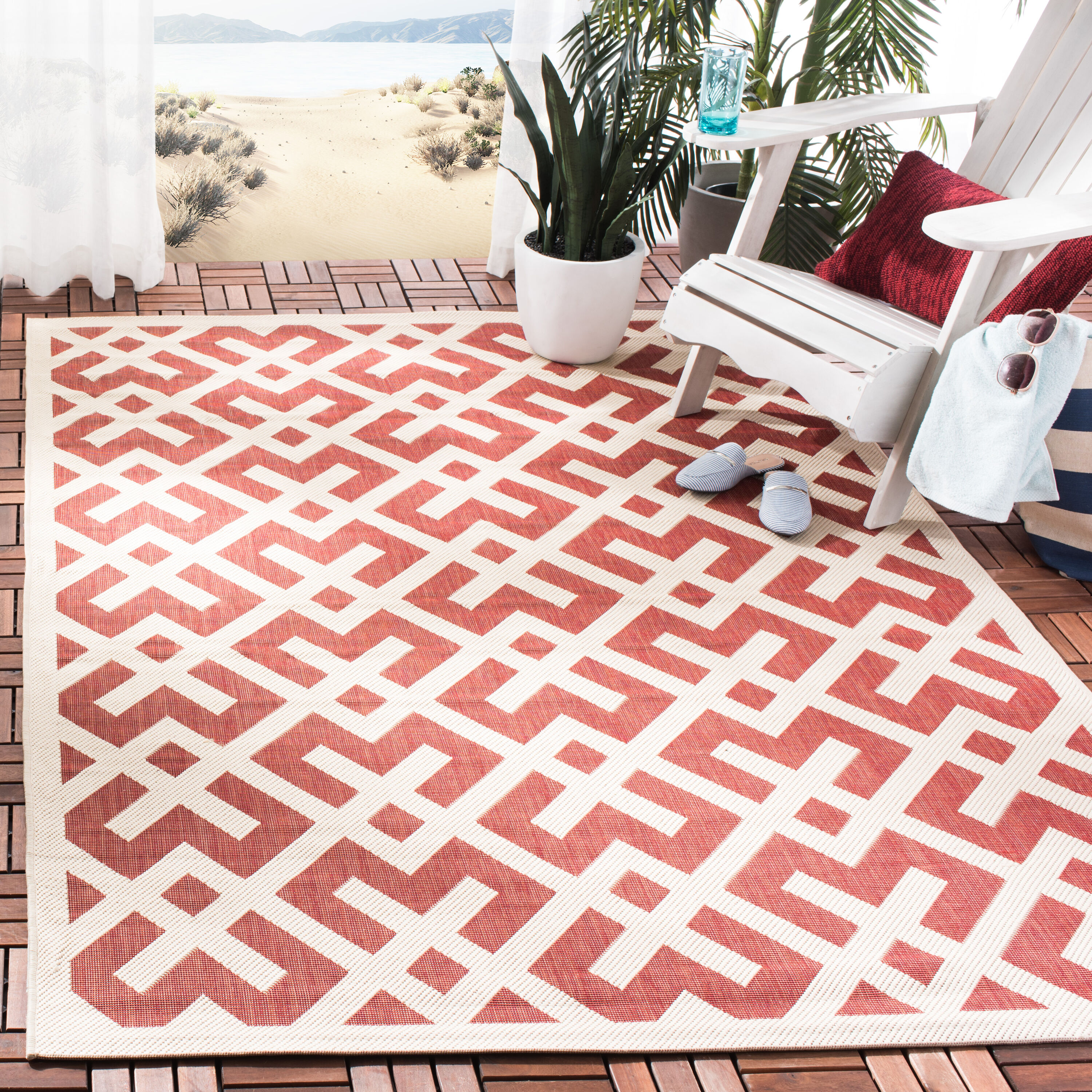Safavieh CY6915-238-5SQ Courtyard Chateau 5 x 5 (ft) Loomed Polypropylene Red/Bone Square Indoor/Outdoor Geometric Coastal Area rug