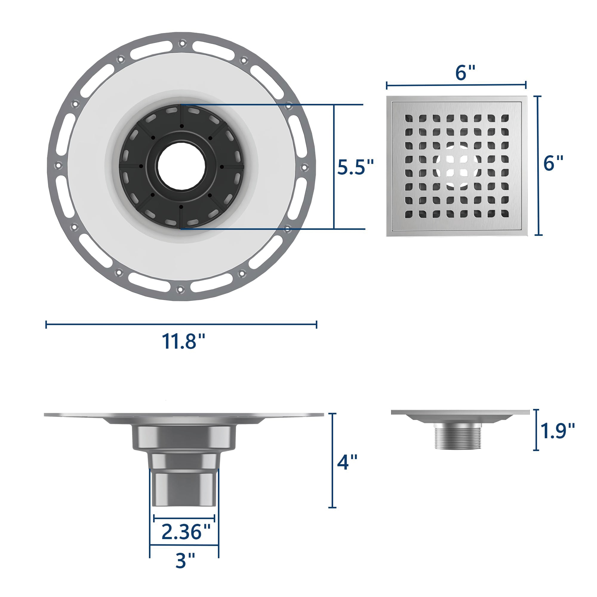 6" Square Brushed Stainless Steel Shower Drain with PVC Flange