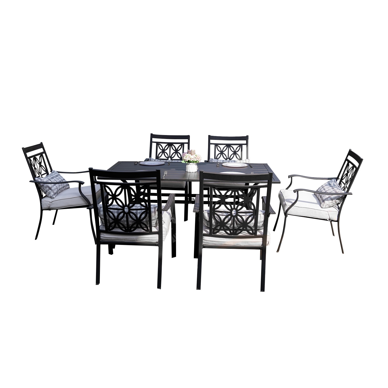 GARSING G-DININGSET-4 7-piece outdoor dining set 7 -Piece Black Patio Dining Set Steel Rectangle Table with 6 Beige Cushions Stackable Stationary Chairs