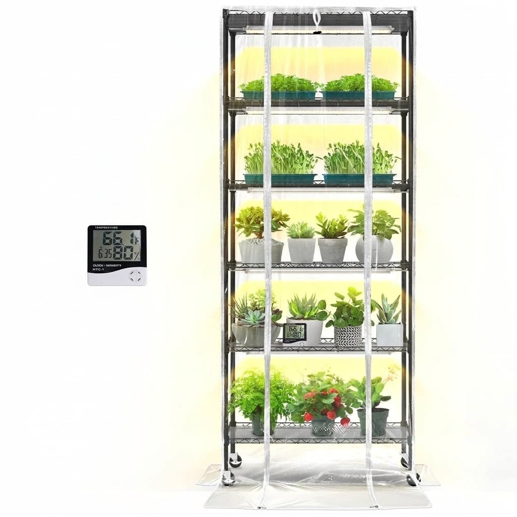 Anqtovp  Indoor Greenhouse with Grow Light 6 Tier Plant Shelf with Cover 5 Pack Full Spectrum Lights Moveable Stand with Wheels Large Capacity