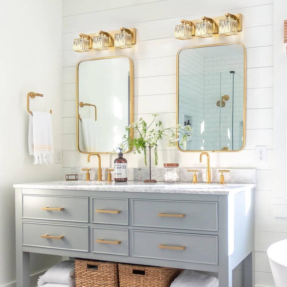 Gold Crystal 3-Light Bathroom Vanity Fixture with Square Shades