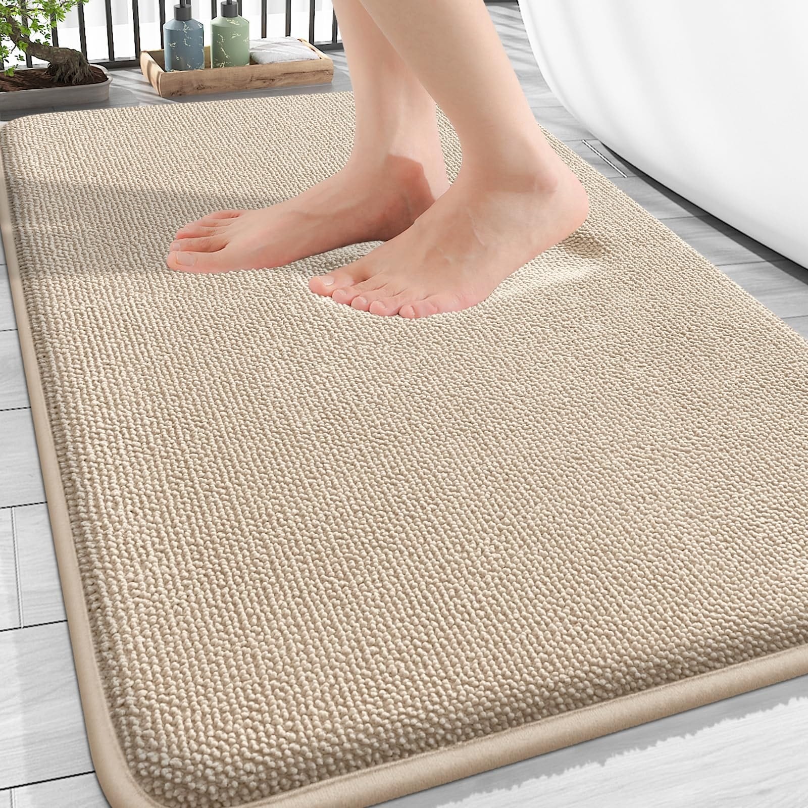 Phewnyzo  Extra Soft Memory Foam Bath Mat 30 x 20 Inch Non Slip Quick Dry Absorbent Bathroom Rug Machine Washable Carpet for Tub and Shower Beige