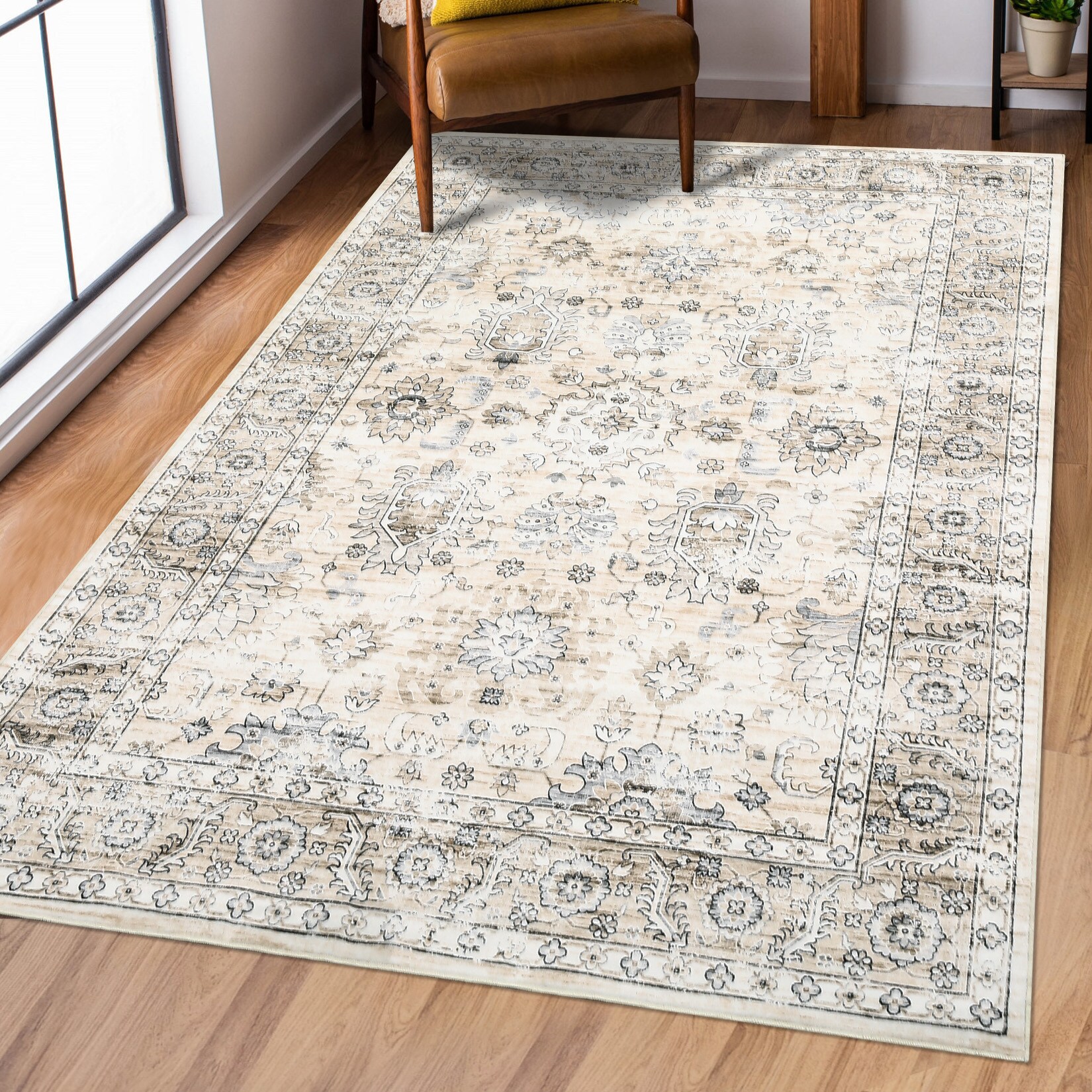 Garvee YXY-LO-PHO-14IJB2GR 4 x 6 (ft) Polyester Beige Rectangular Indoor Floral/Botanical Vintage Machine washable Area rug