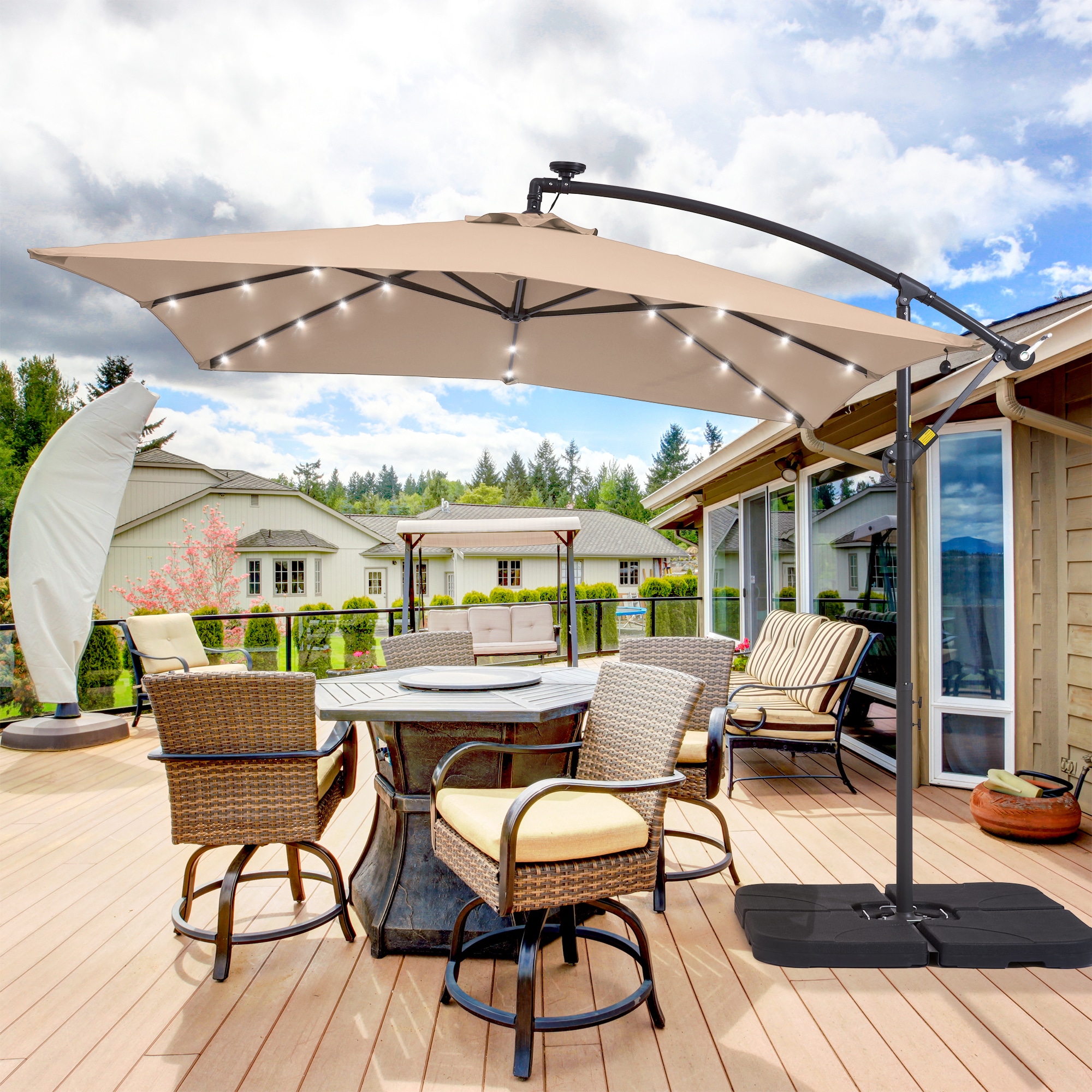 ACEGOSES LW-62SD 8.2-ft Steel Brown No-tilt Offset Patio Umbrella with Lights with Base
