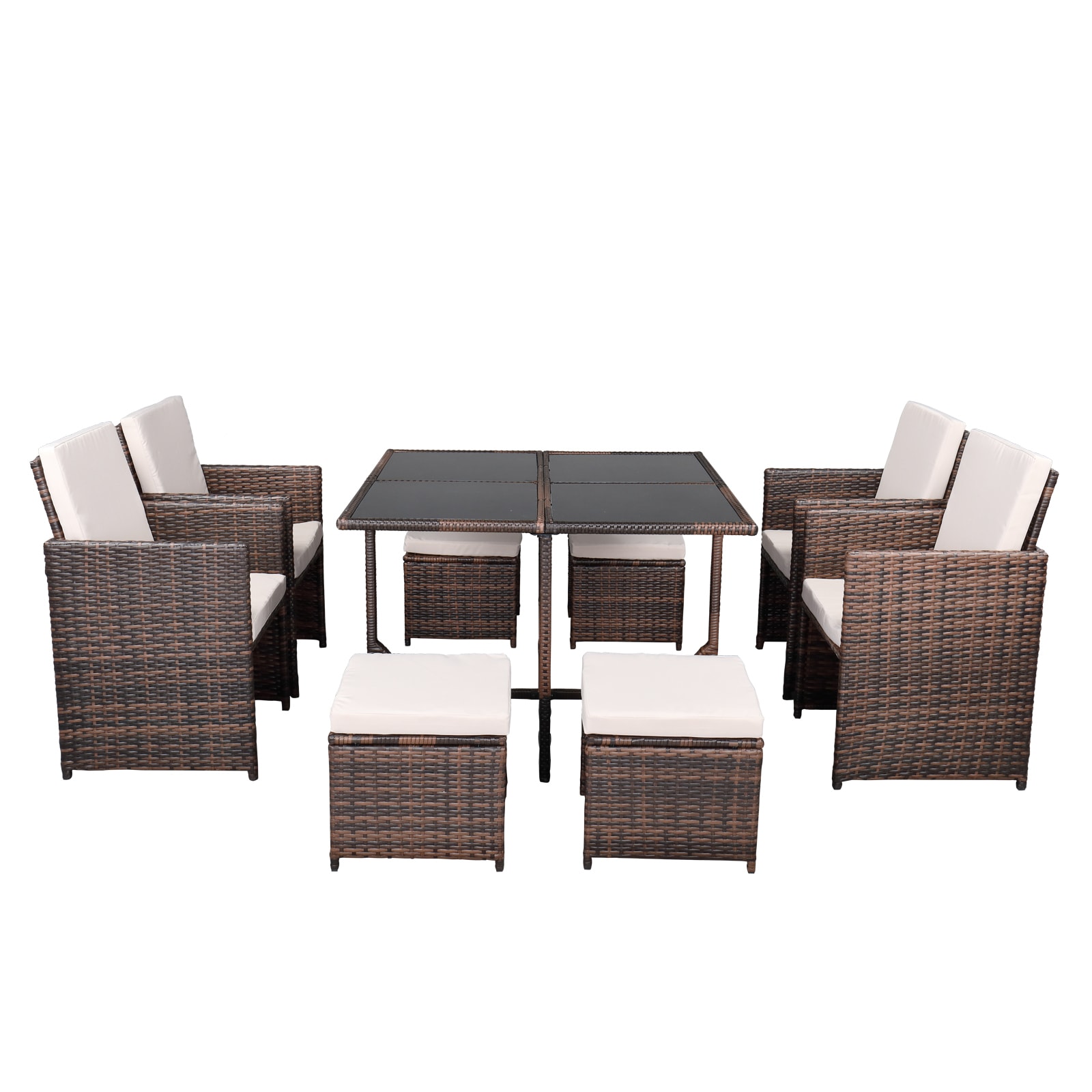 Winado 405530251029 Patio Dining Sets 9 -Piece Brown Wicker Patio Dining Set Wicker Square Table with 4 Off-white Cushions Stationary Chairs