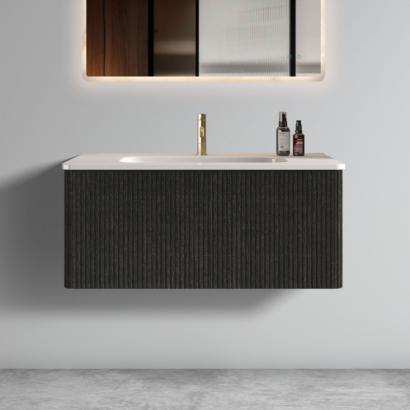 WELLFOR WA-BGF-7248 Striped Unassembled Bathroom Vanity 36-in Black Single Sink Floating Bathroom Vanity with White Ceramic Top