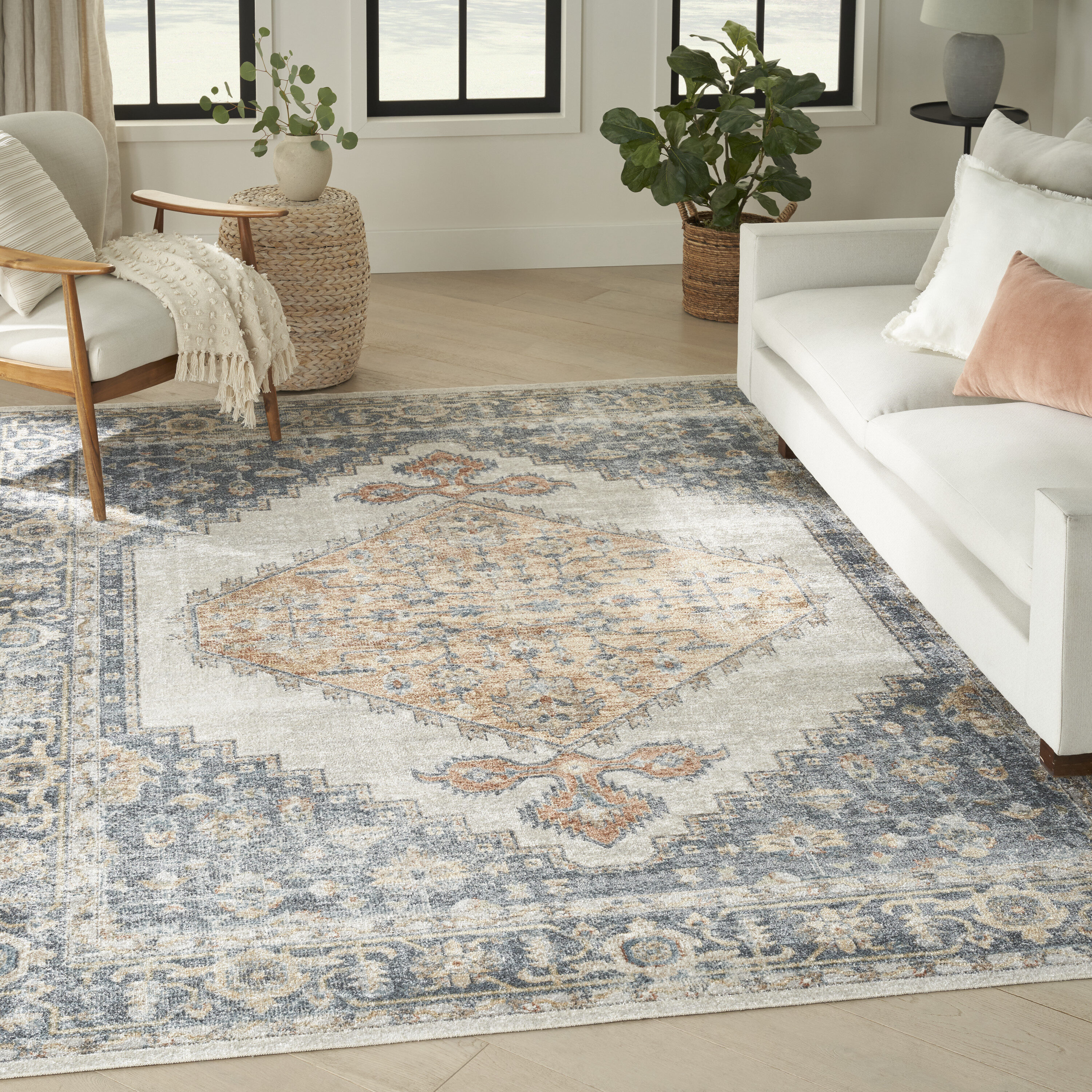 Nourison 099446124494 Astra Machine Washable 8 x 10 (ft) Loomed Polyester Grey/Gold Rectangular Indoor Distressed/Overdyed Vintage Machine washable Area rug