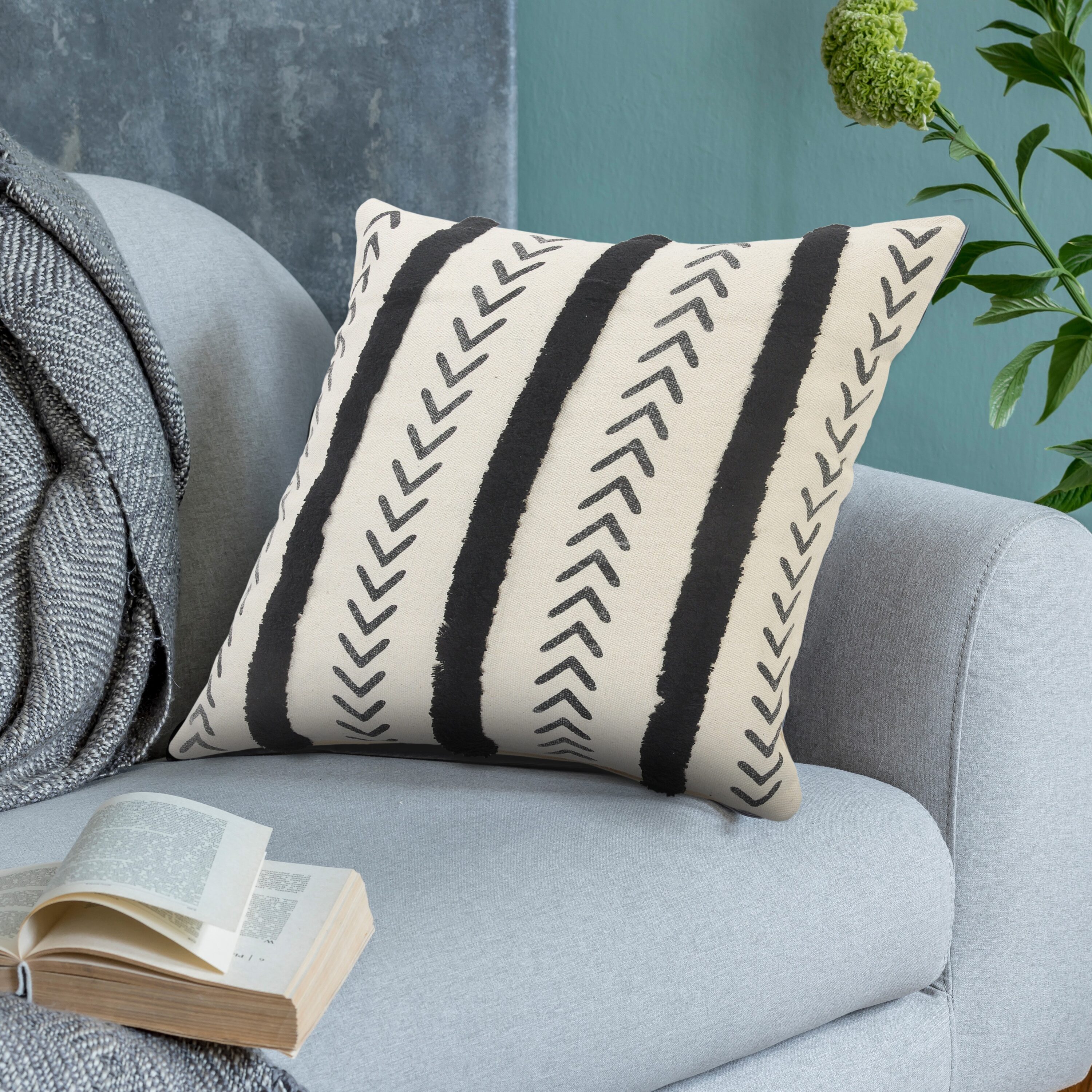 Natural and Black Chevron Cotton Throw Pillows, 20" x 20", Set of 2