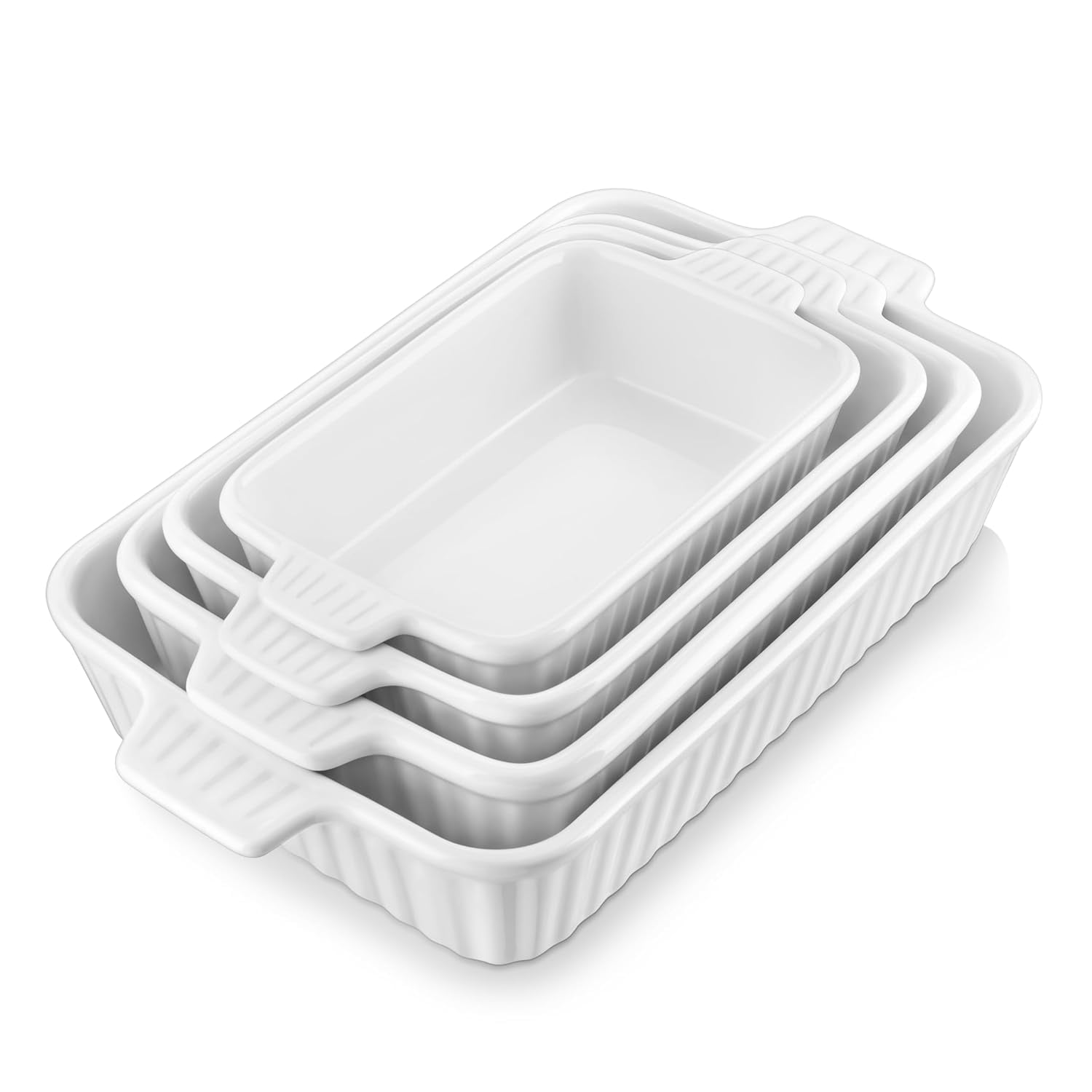 CHEFMADE Porcelain Bakeware Set of 4 Rectangular Casserole Dishes with Handles Lead-Free Ceramic Lasagna Pans 0.8QT to 3QT Oven Dishwasher and Microwave Safe White