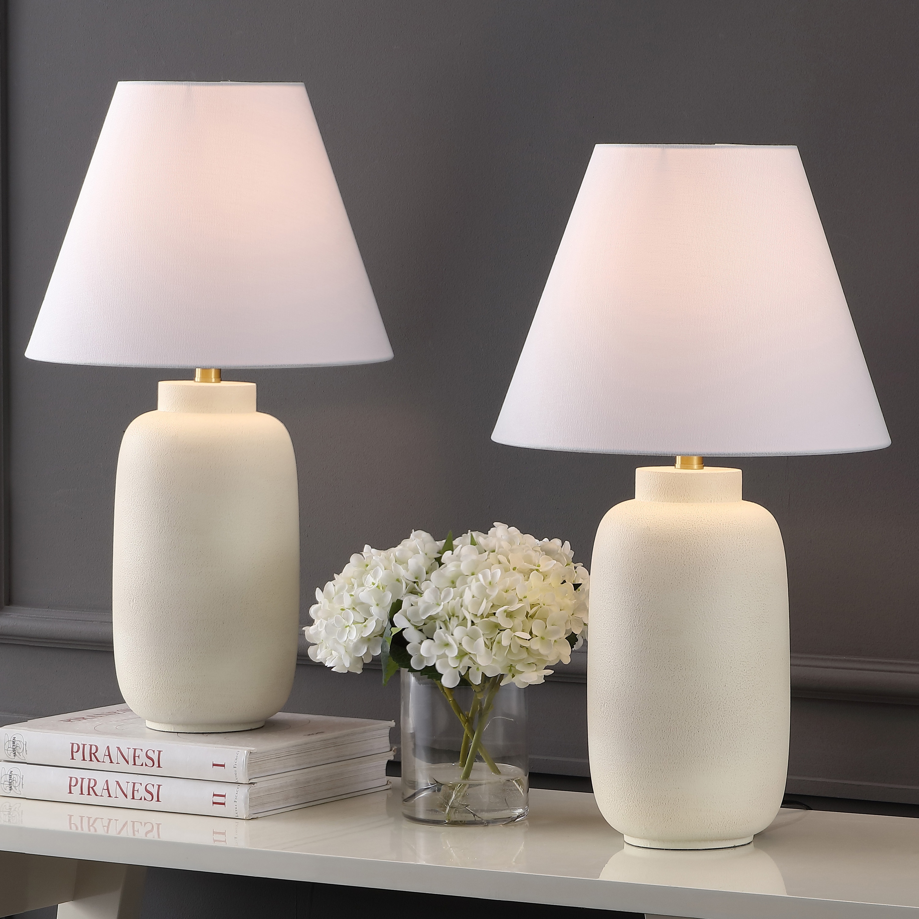 JONATHAN  Y JYL5603B-SET2 Elinore Minimalist Scandinavian Resin/Iron Ginger Jar 24.5-in Matte Cream LED Rotary socket Table Lamp with Linen Shade 2 -Set