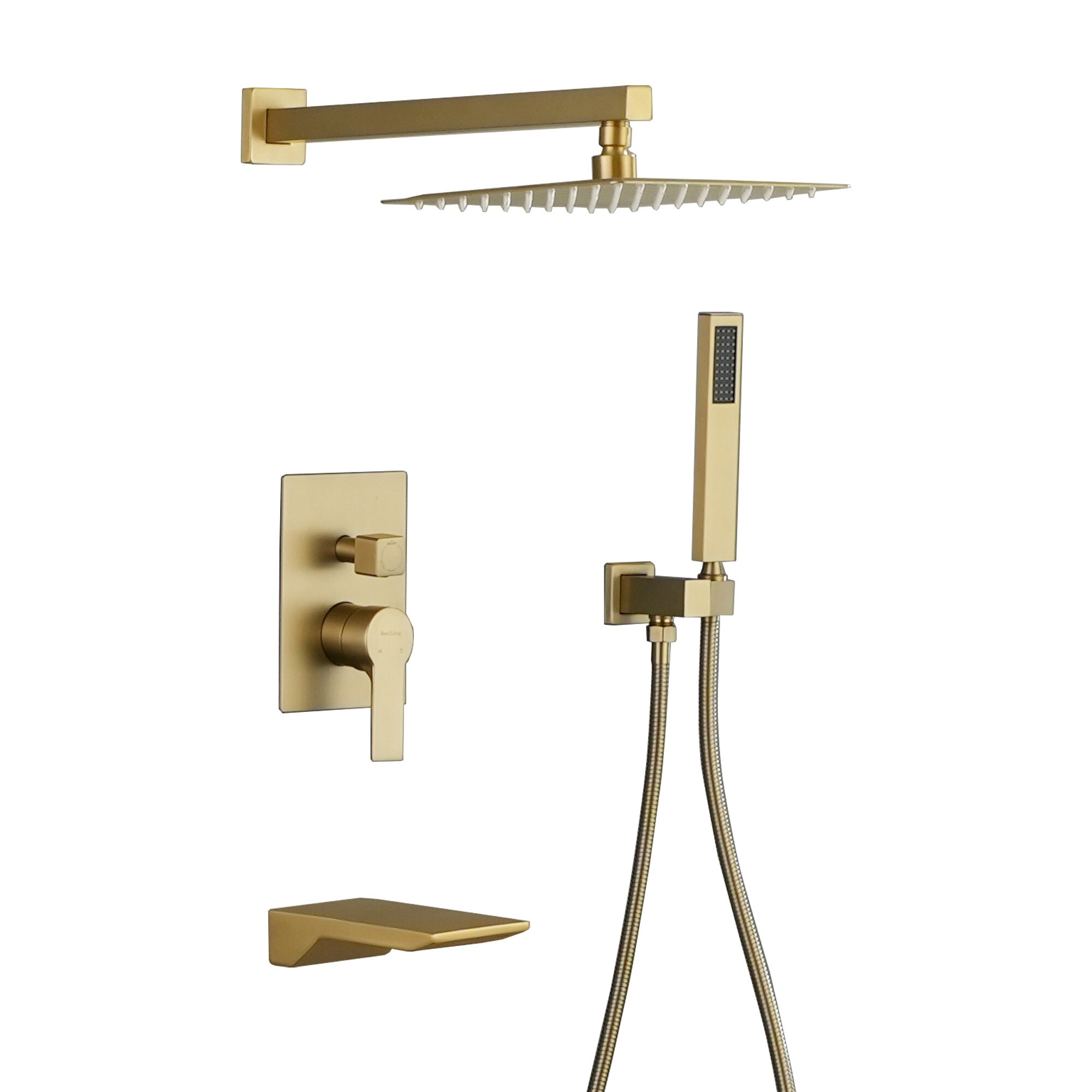 Clihome CSMD-BS880-16BG10 Brushed Gold 10-Inches Waterfall Dual Head Built-In Shower Faucet System with 3-way Diverter ( Pressure-balanced Valve Included )