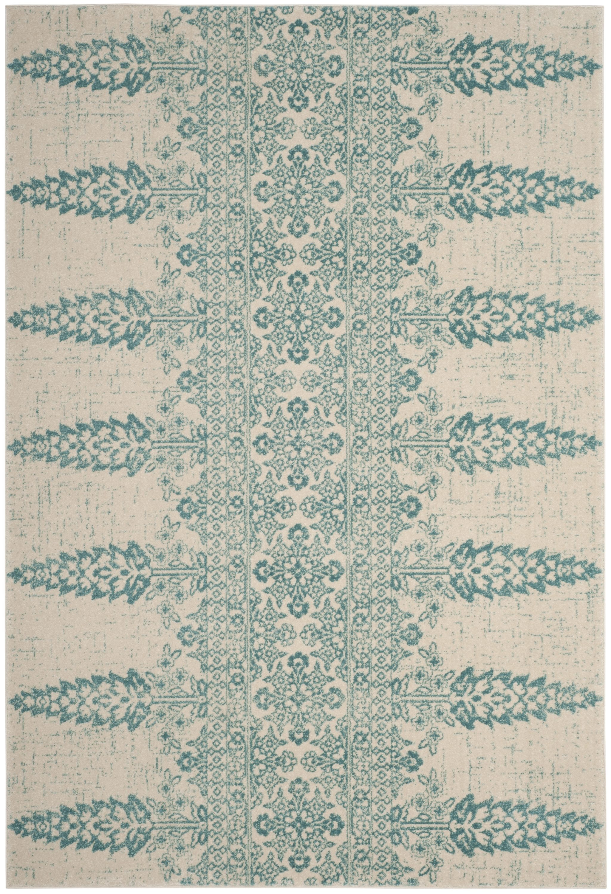 Ivory and Teal High Pile Boho Chic Runner Rug