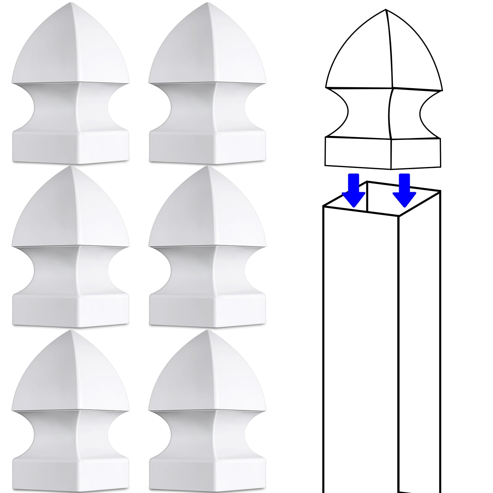 Afoxsos  Vinyl Post Caps 6 Pack for 4 by 4 Inch Deck Fence Posts White PVC Durable Weather Resistant durable home and garden accessory designed